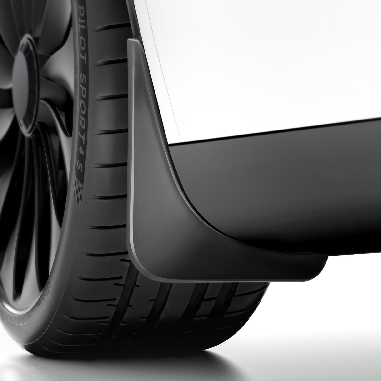 REEVAA front left mud flap on Model X showing seamless fit and protection