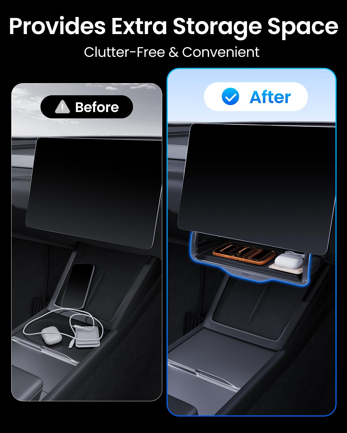 REEVAA installed under a Tesla touchscreen demonstrating tidy hidden storage and easy access