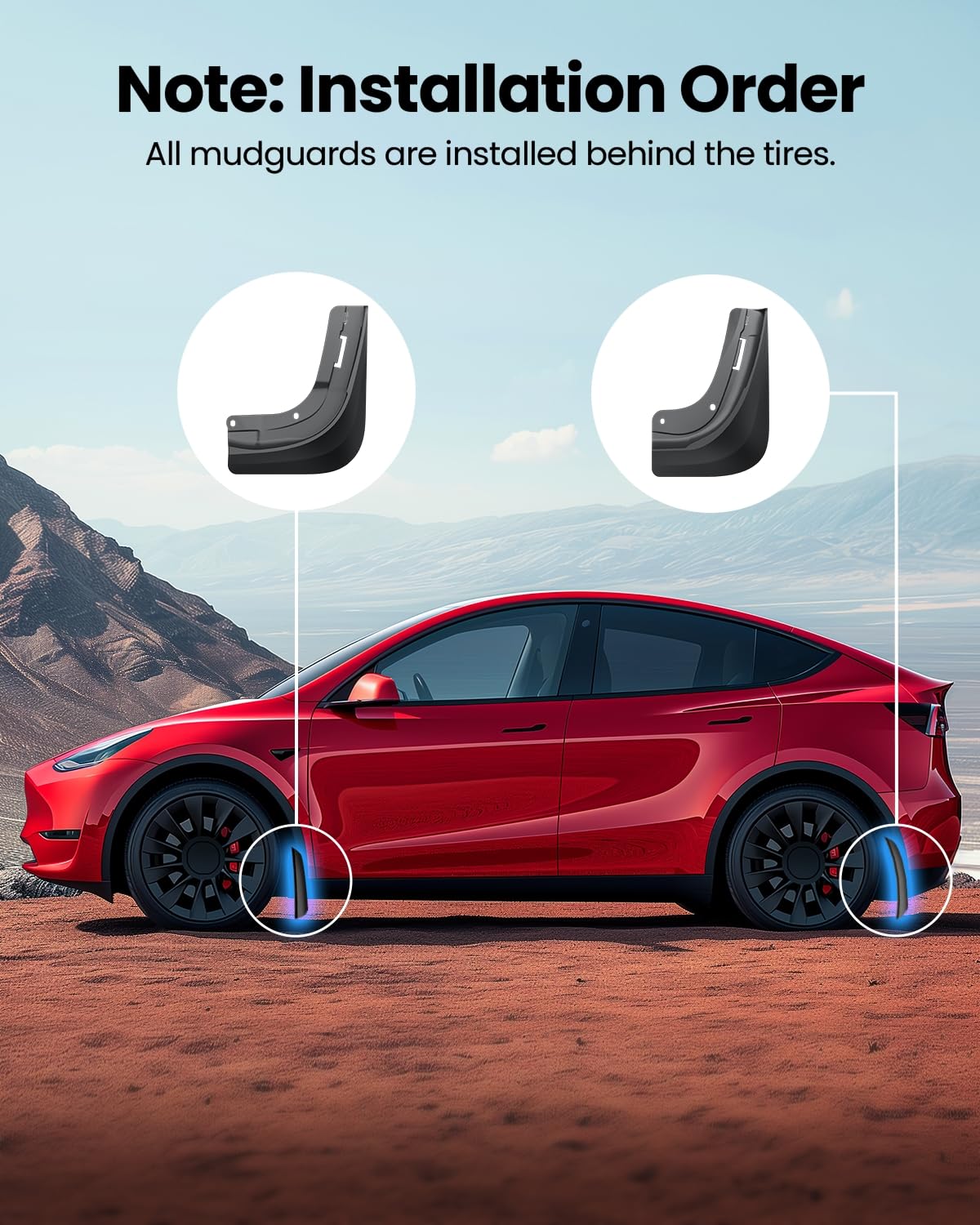 REEVAA mud flaps on Model X in rain demonstrating splash and debris guard