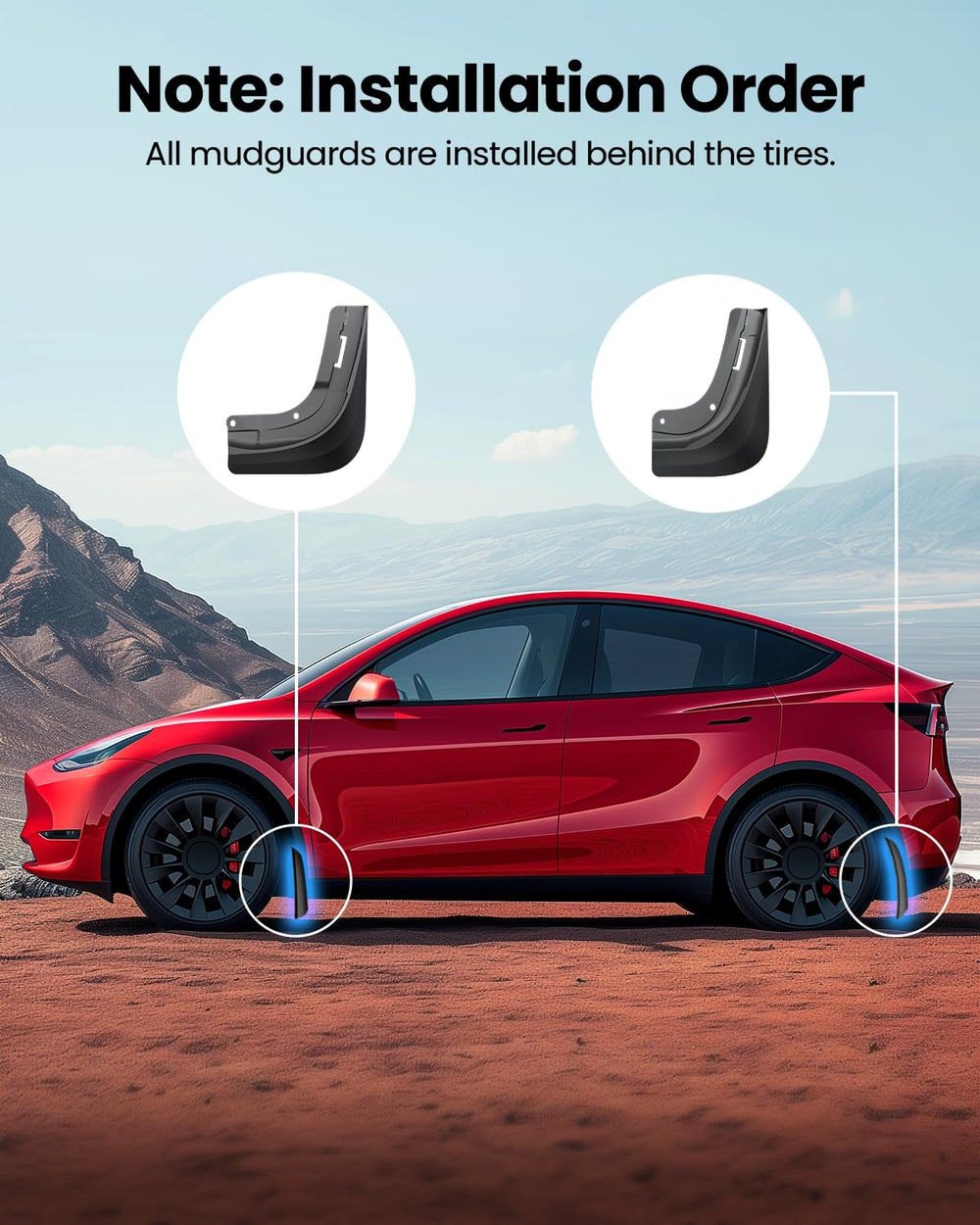 REEVAA mud flaps on Model X in rain demonstrating splash and debris guard