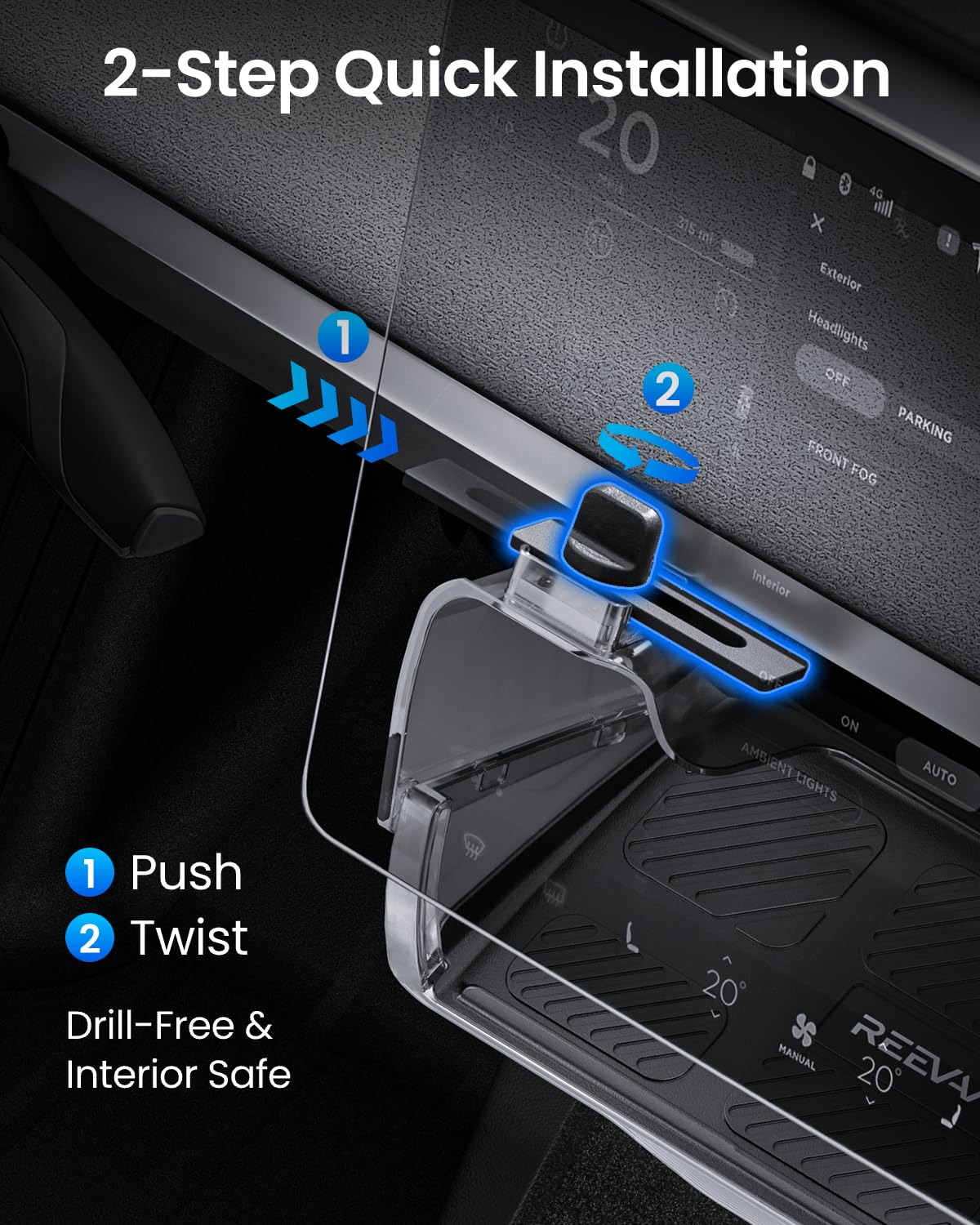 REEVAA lifestyle shot in Tesla cabin highlighting seamless integration and clean interior aesthetics