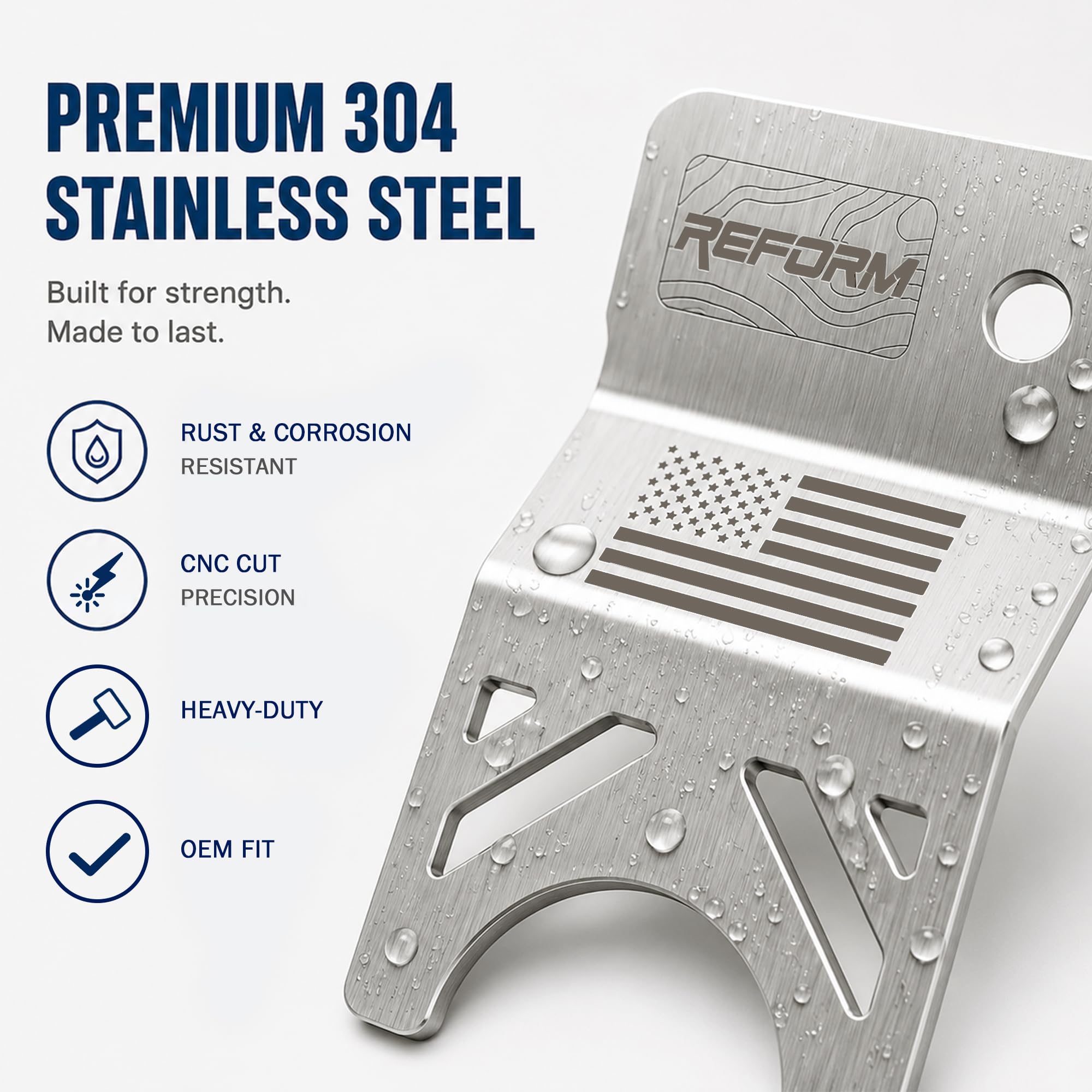 Reform Design laser-engraved flag close-up showing durable corrosion-resistant finish