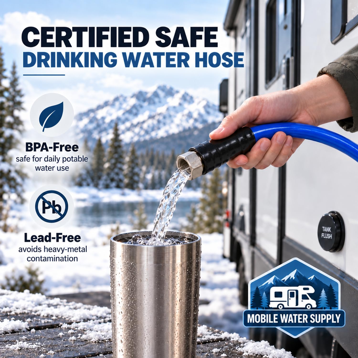 REHOSEUP hose in snowy campsite keeping water flowing reliably