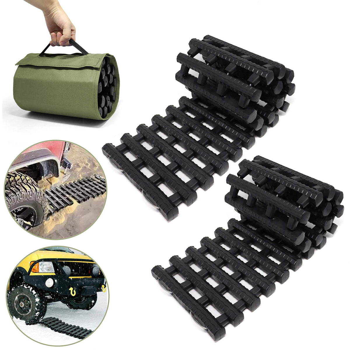 Reliancer front view of traction tracks in package showing portability and readiness
