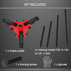 ReluxGo three-jaw puller gripping harmonic damper in engine bay for safe removal