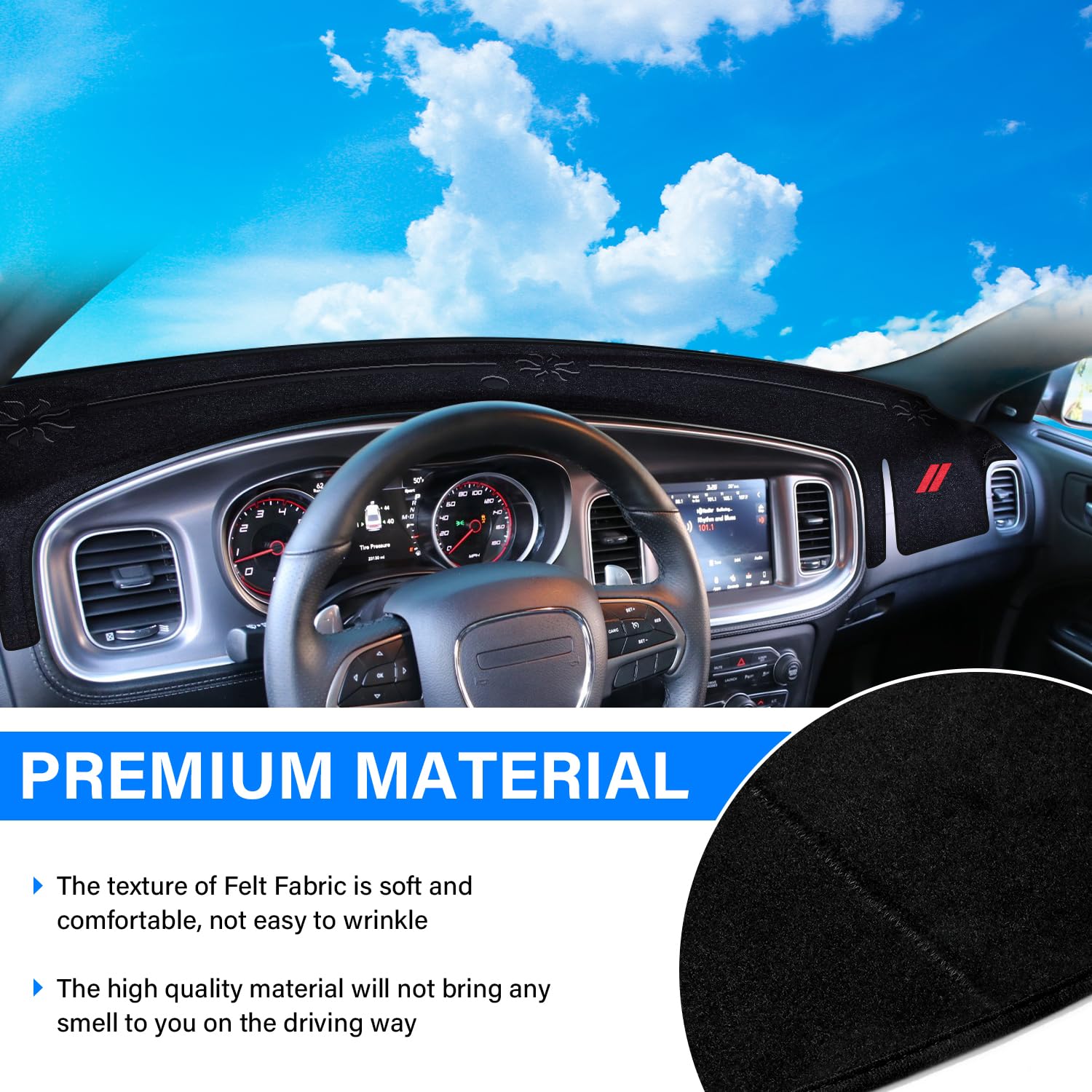 REMOCH installed on dash from driver seat reducing windshield glare for safety