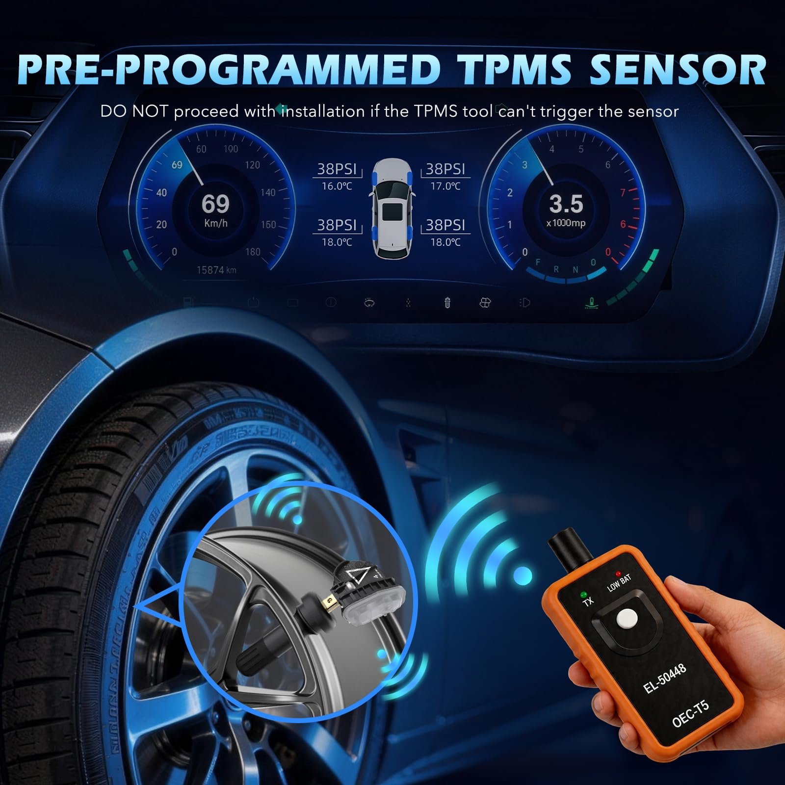 RENECTIV sensor displayed with TPMS scan tool showing quick activation benefit