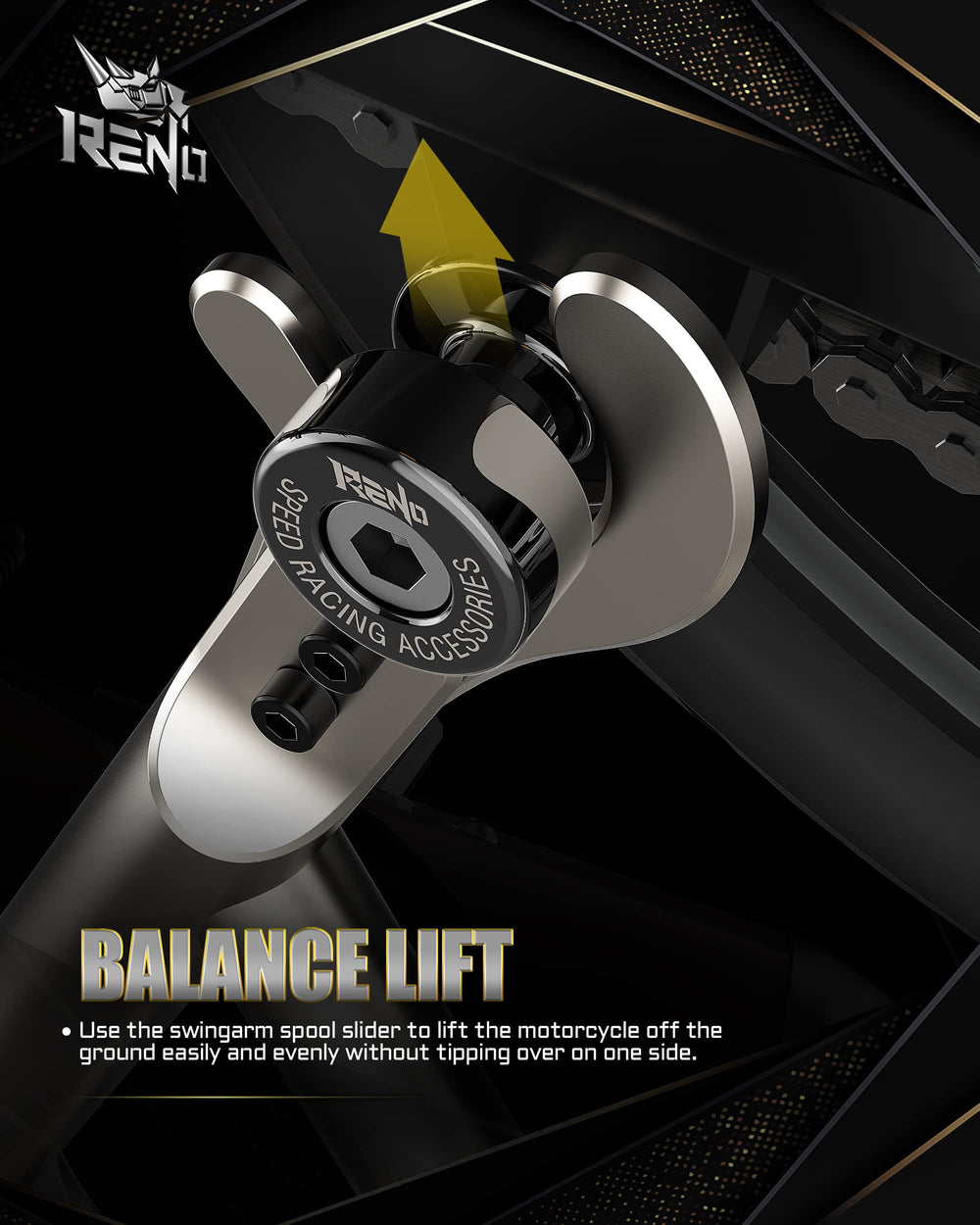 RENO spools engaged with a paddock stand showing stable rear lift