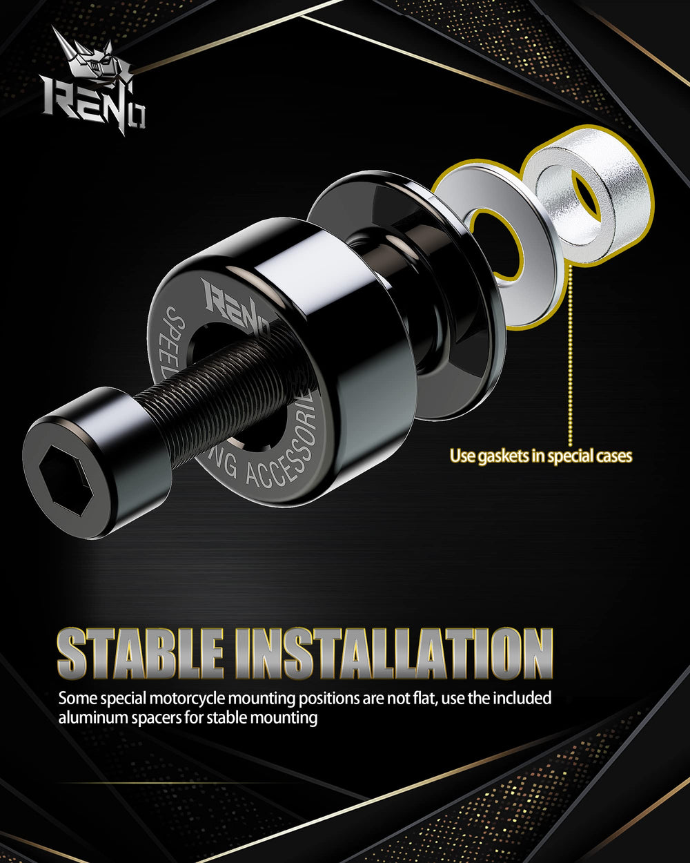 RENO pair installed on a motorcycle swingarm showing secure mounting benefit