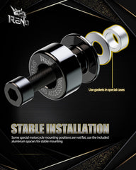 RENO pair installed on a motorcycle swingarm showing secure mounting benefit