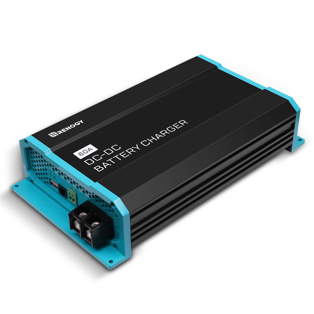 Renogy 60A DC-DC charger front view showing compact design and durability benefit