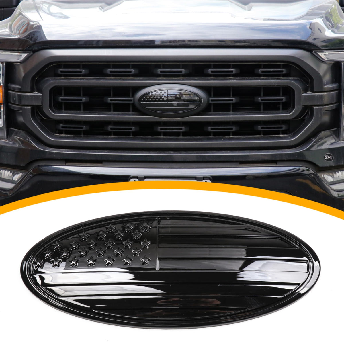 RERPRO front grille emblem cover showing American Flag and refreshed look