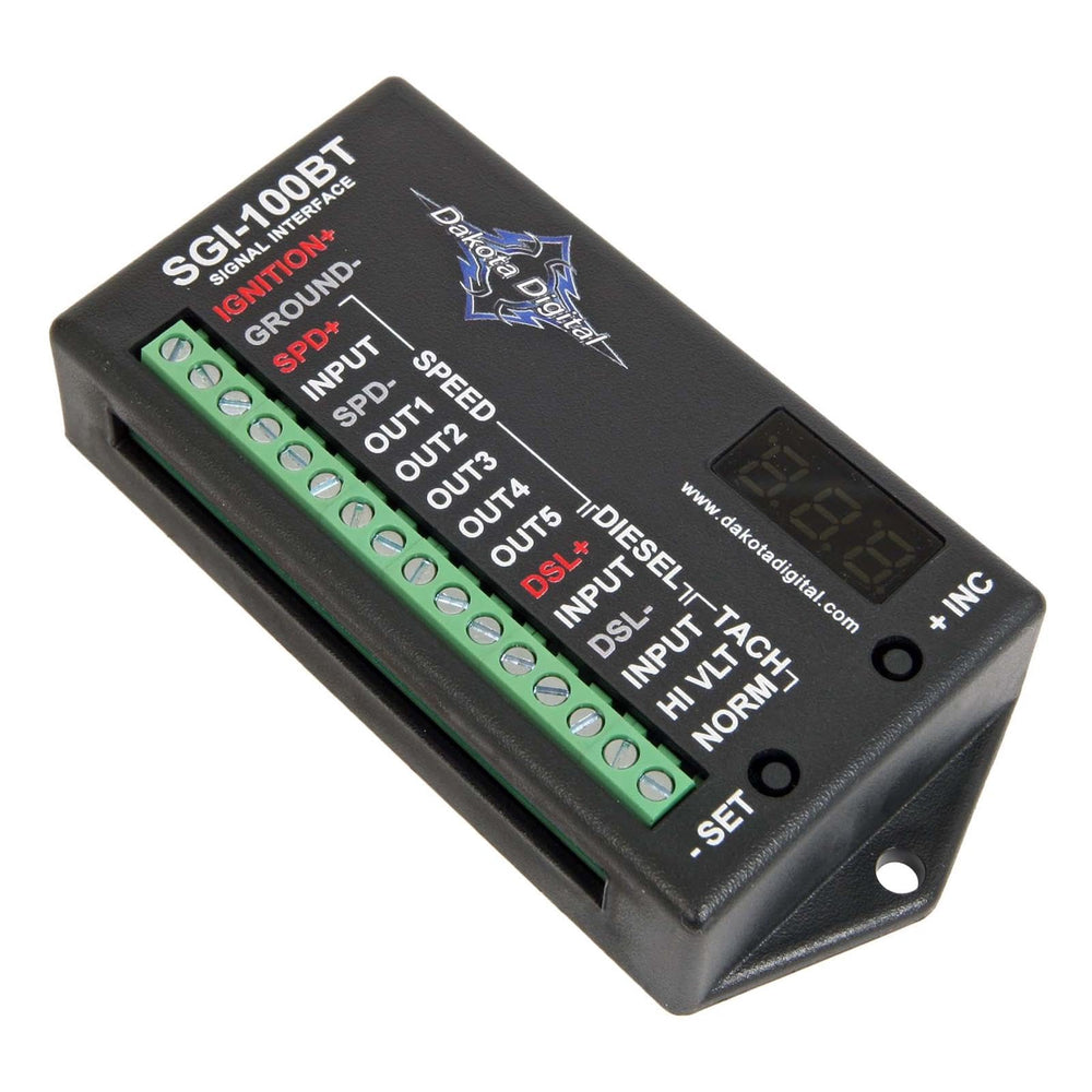 Restoration Performance Dakota Digital SGI-100BT wiring close-up illustrating terminals and scale options for easy setup