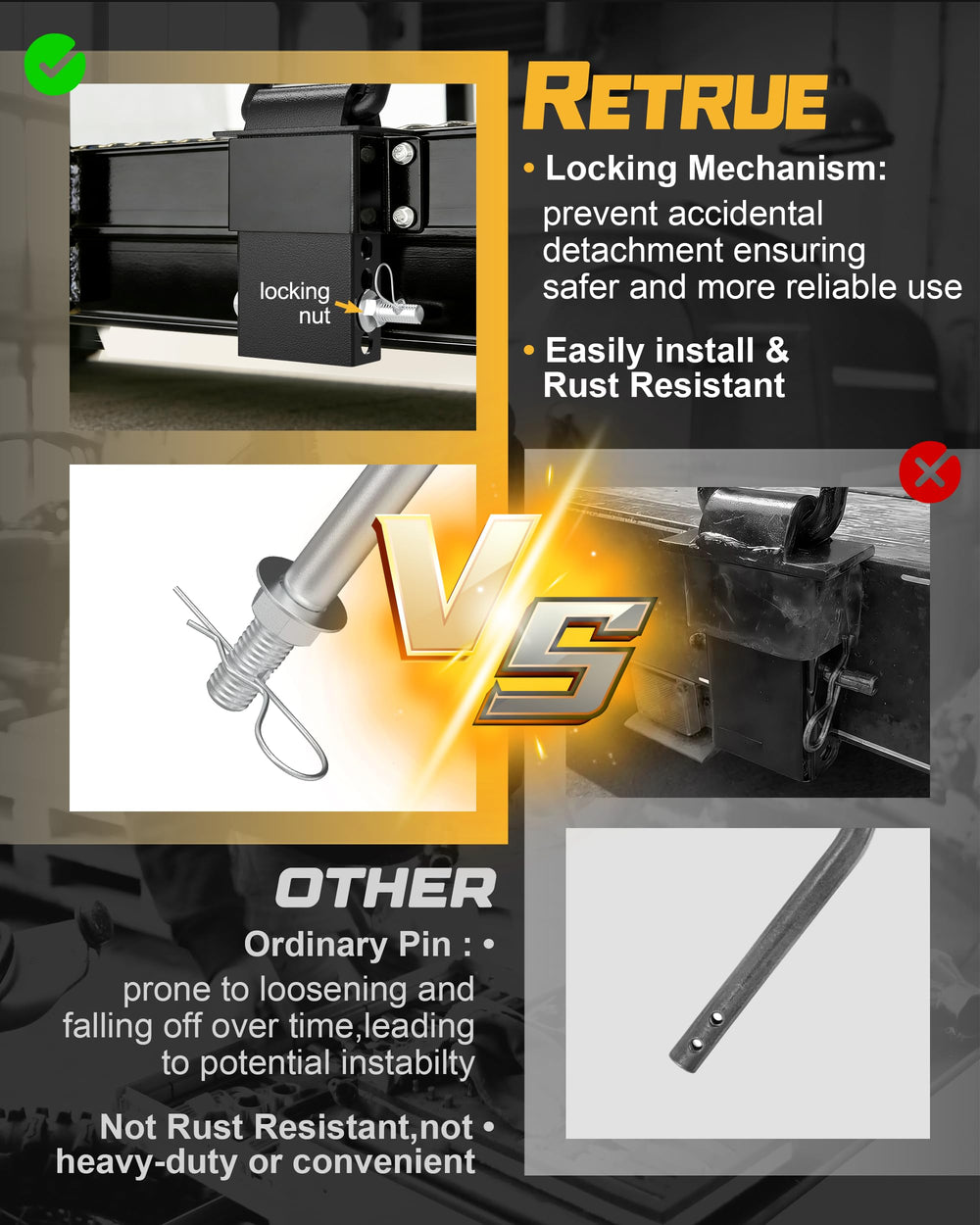 RETRUE pin and security locking nut close-up highlighting anti-backout feature for safety