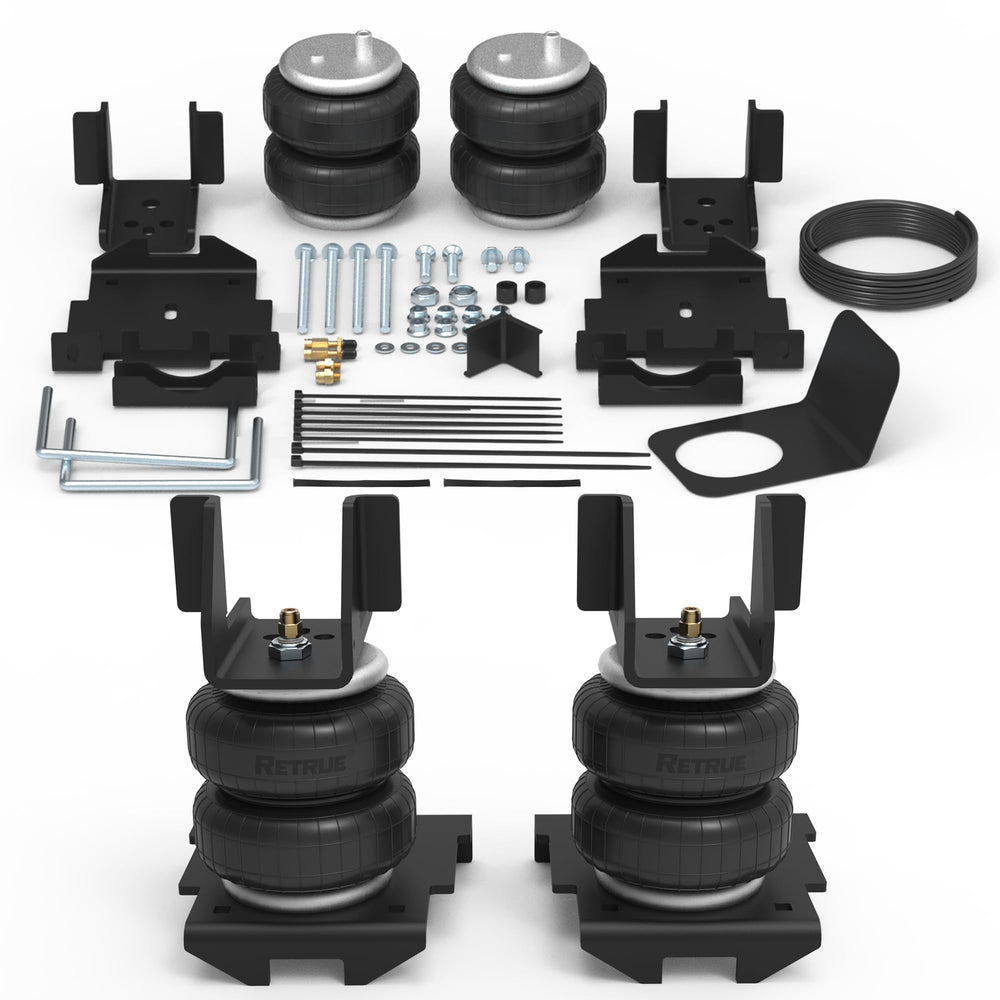 RETRUE rear air bags front packaging showing kit contents and reassurance