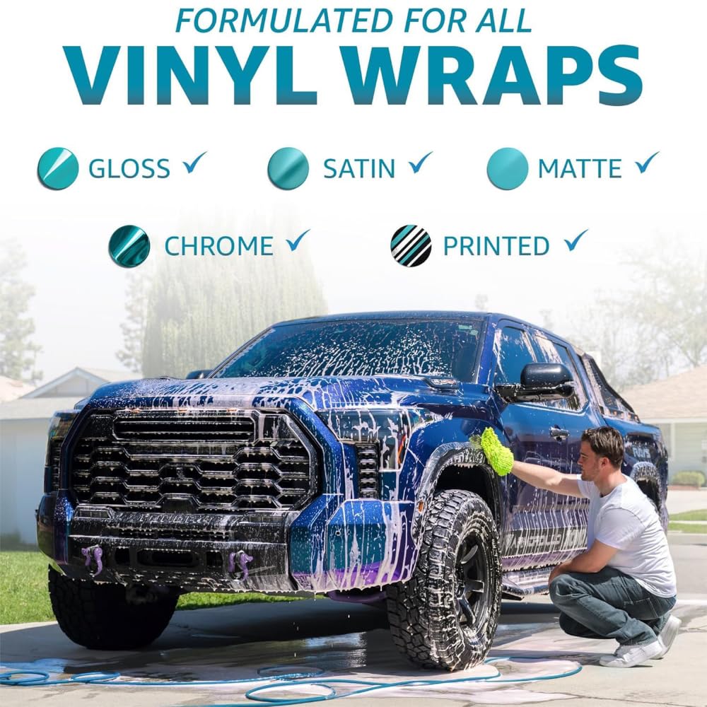 Rev Auto soap in foam cannon spraying onto vinyl wrap, illustrates easy pre-soak
