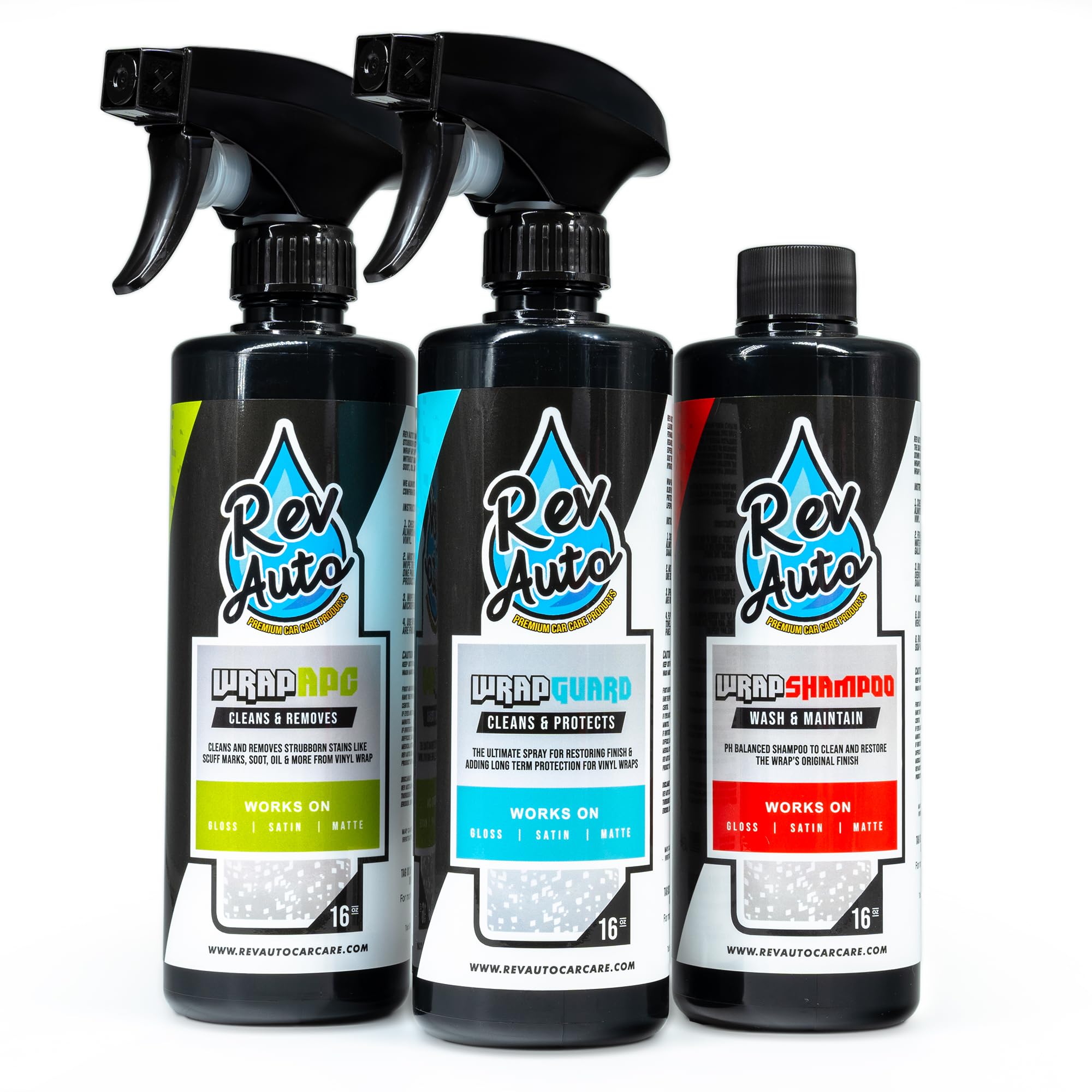 Rev Auto kit front packaging showing all three bottles and clear benefits