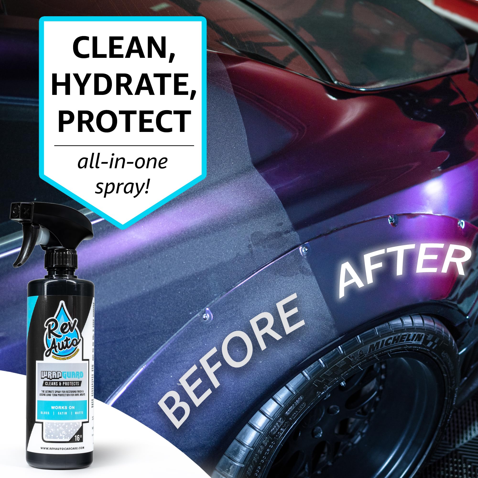 Rev Auto wrap shampoo bottle close-up highlighting label and texture protection