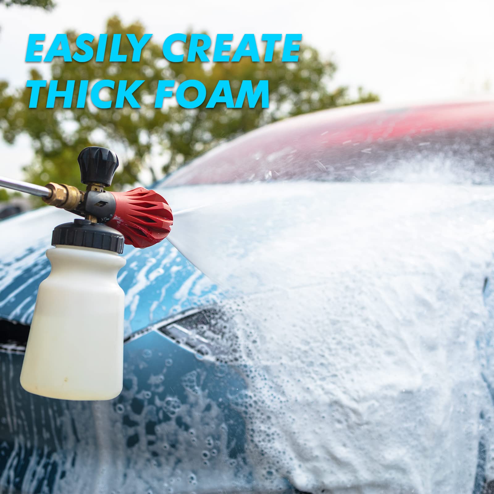 Rev Auto foam cannon producing thick foam clinging to a wrapped car for effective cleaning