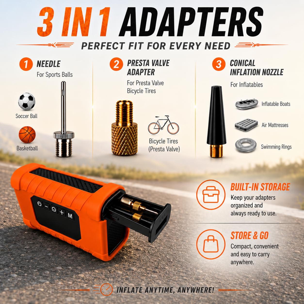 Revv Gear handheld inflator attached to a motorcycle tire for roadside inflation