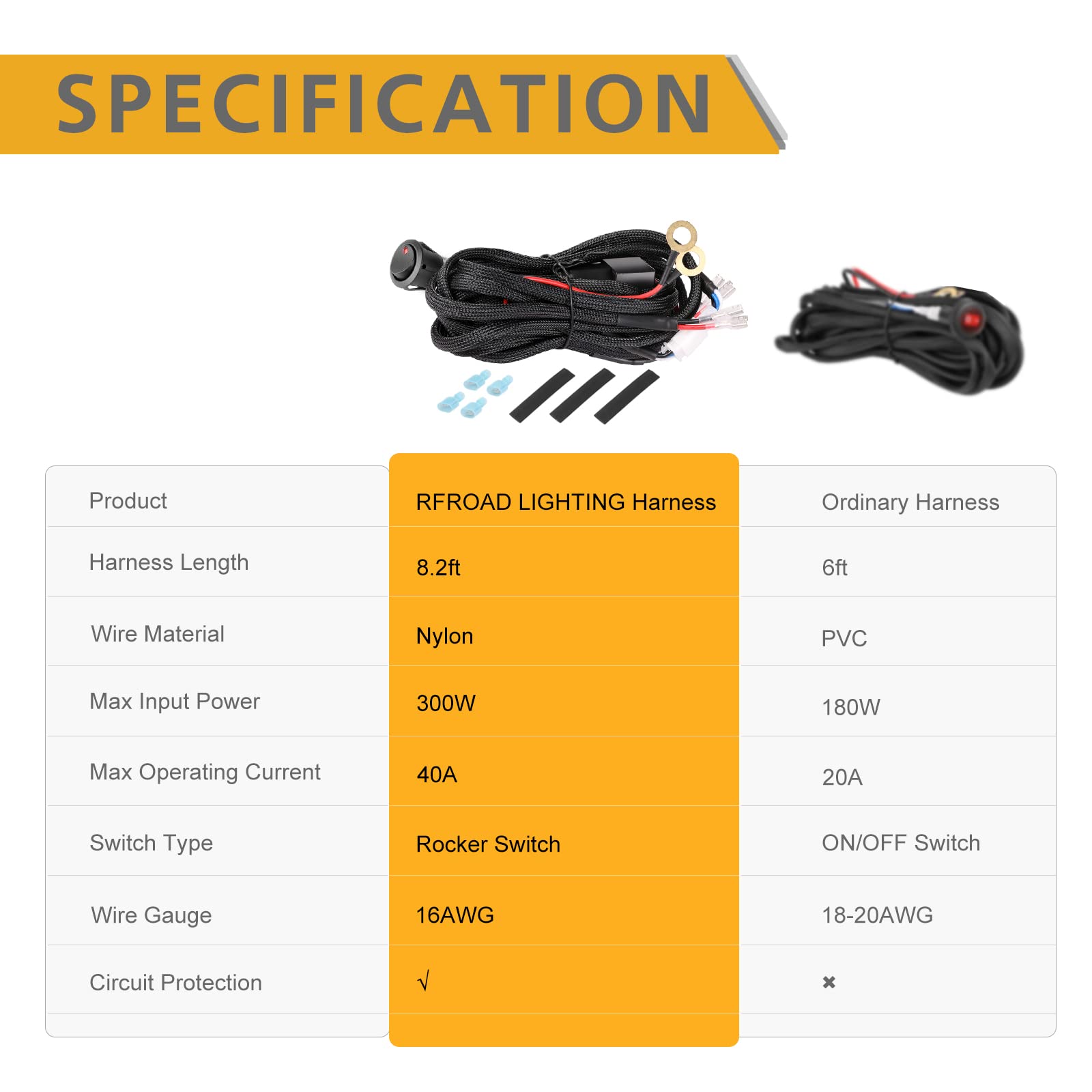 Rfroad Lighting wiring harness beside tape measure, demonstrating the 8.2 ft reach