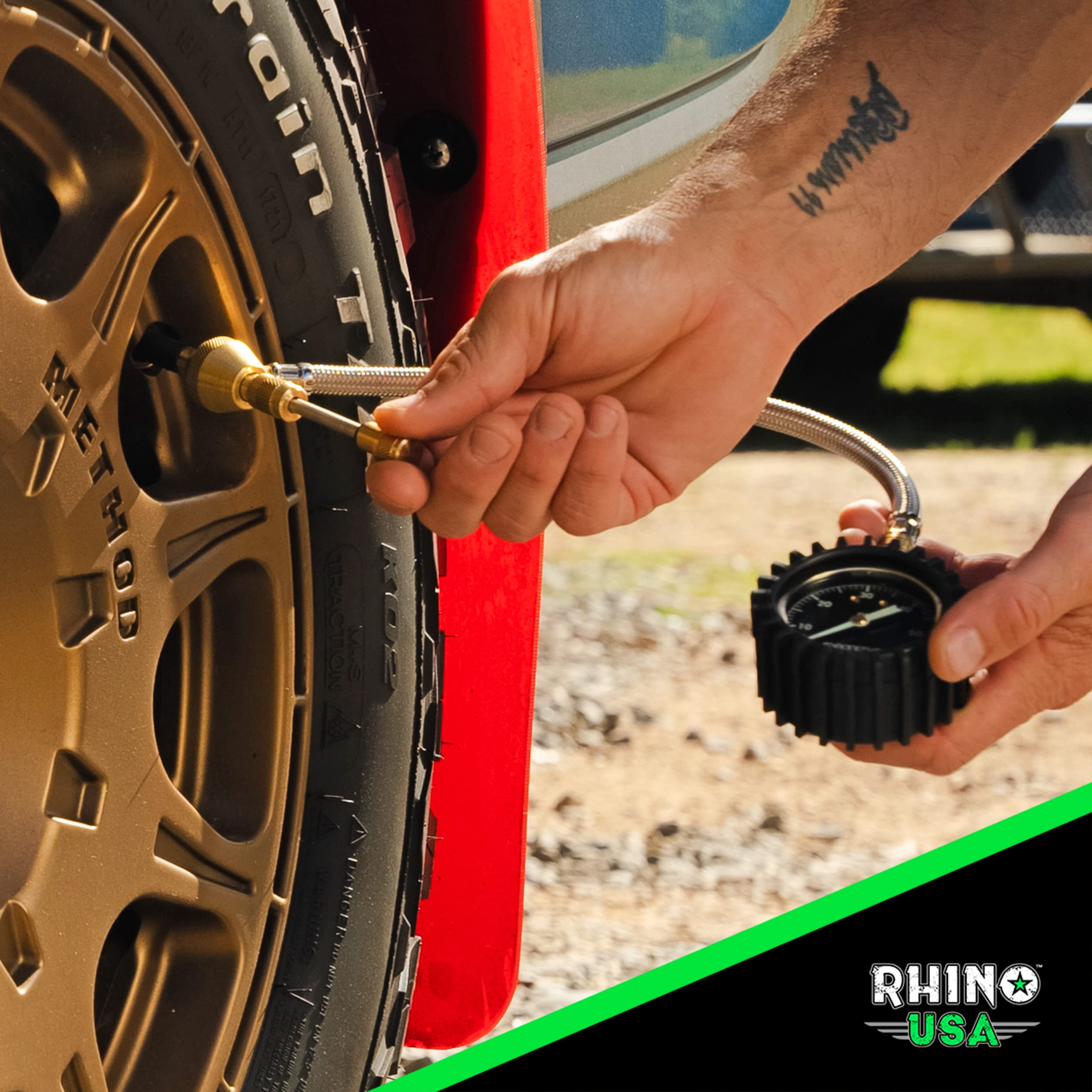 Rhino USA glow-in-the-dark dial visible at night, aids low-light tire pressure checks