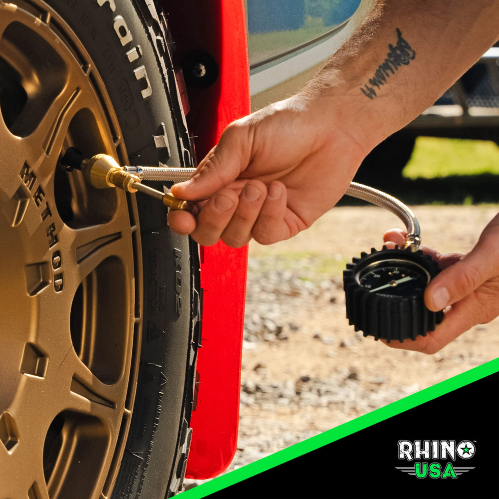 Rhino USA glow-in-the-dark dial visible at night, aids low-light tire pressure checks