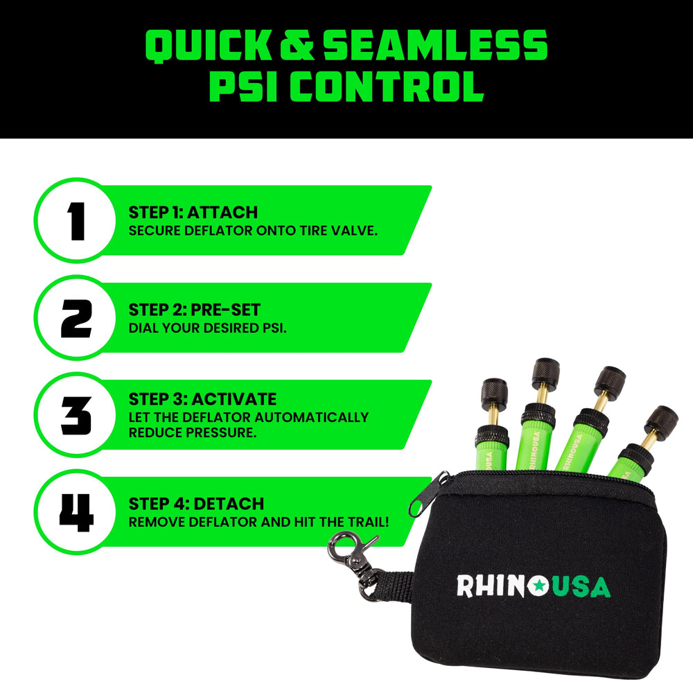 Rhino USA deflator next to ruler to show compact size and easy portability for trail kits