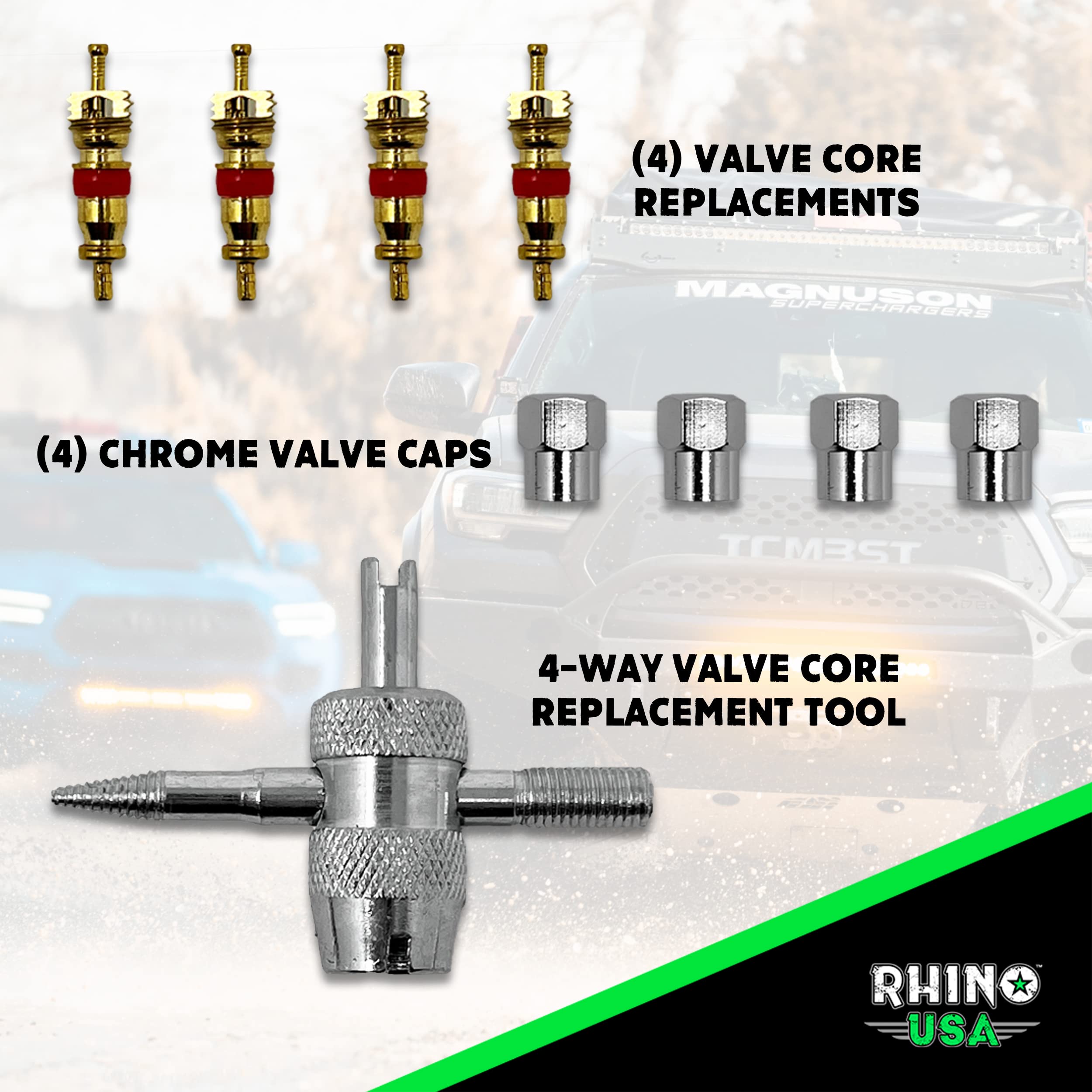 Rhino USA detail of valve stem connection securing tool, provides leak-free attachment for accuracy