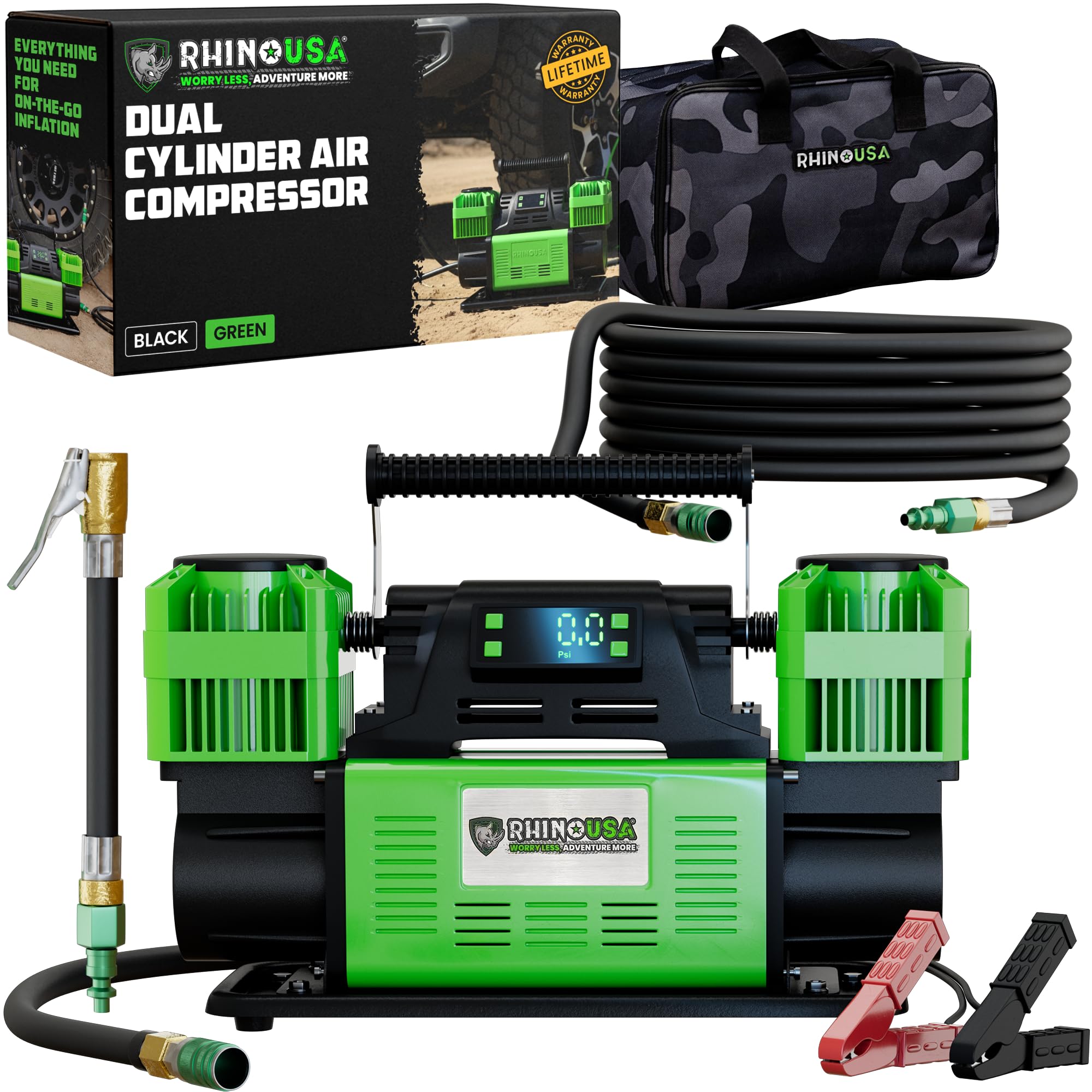 Rhino USA compressor front view showing compact durable housing and portability benefit