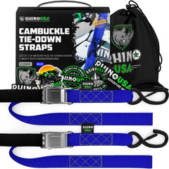 Rhino USA front packaging showing two cambuckle tie-downs and benefits