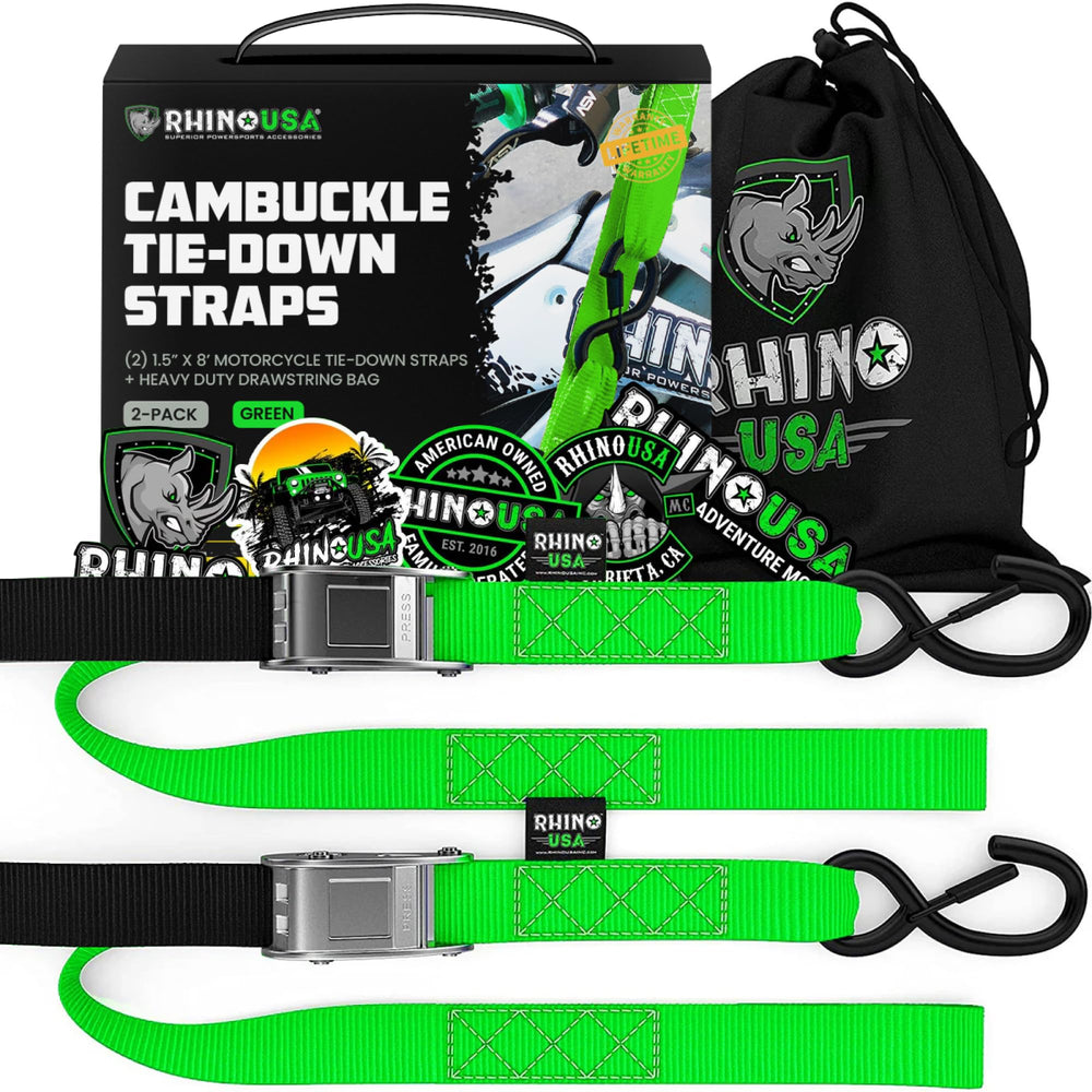 Rhino USA front packaging showing two cambuckle tie down straps with branding and benefits