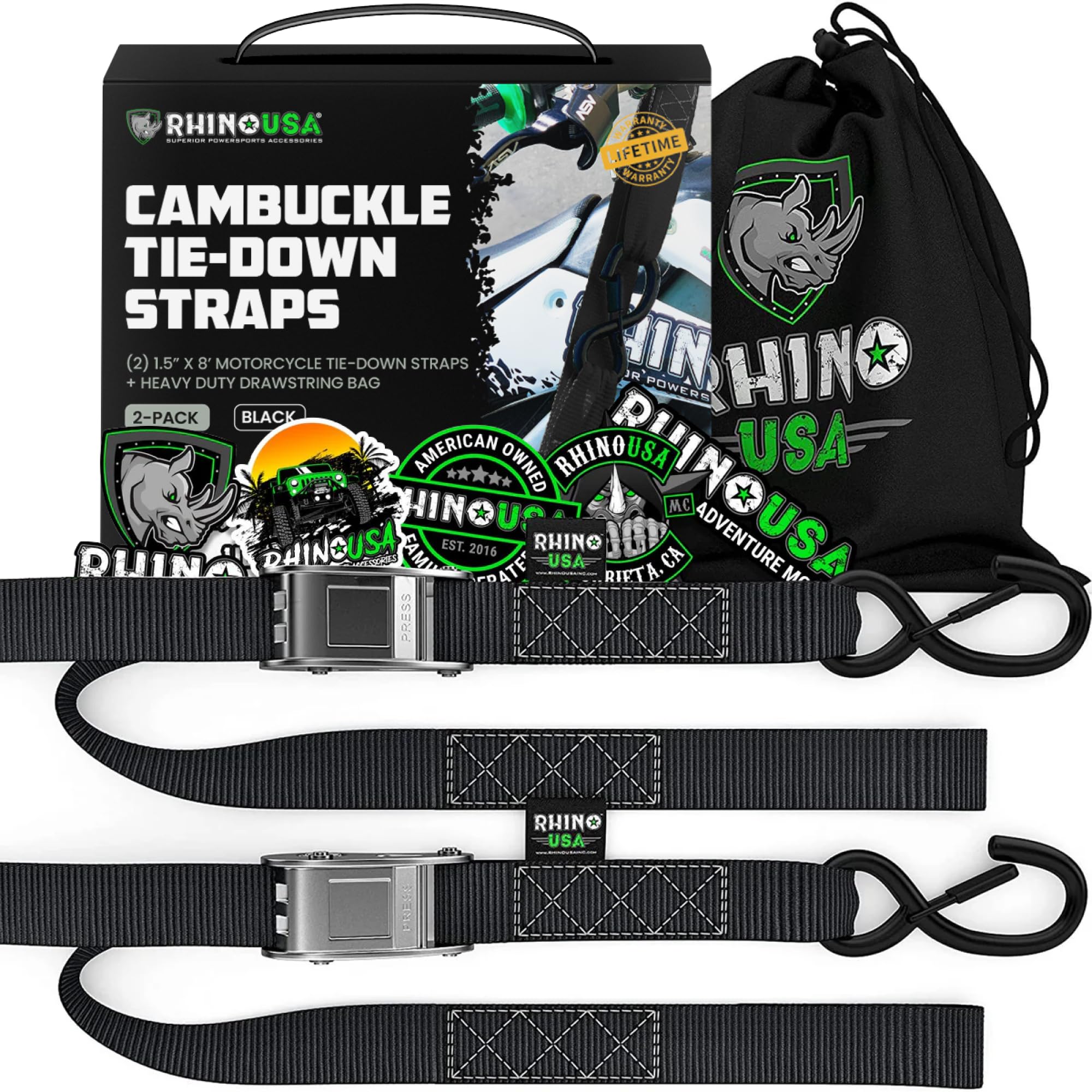 Rhino USA front packaging showing two tie down straps for quick identification and trust