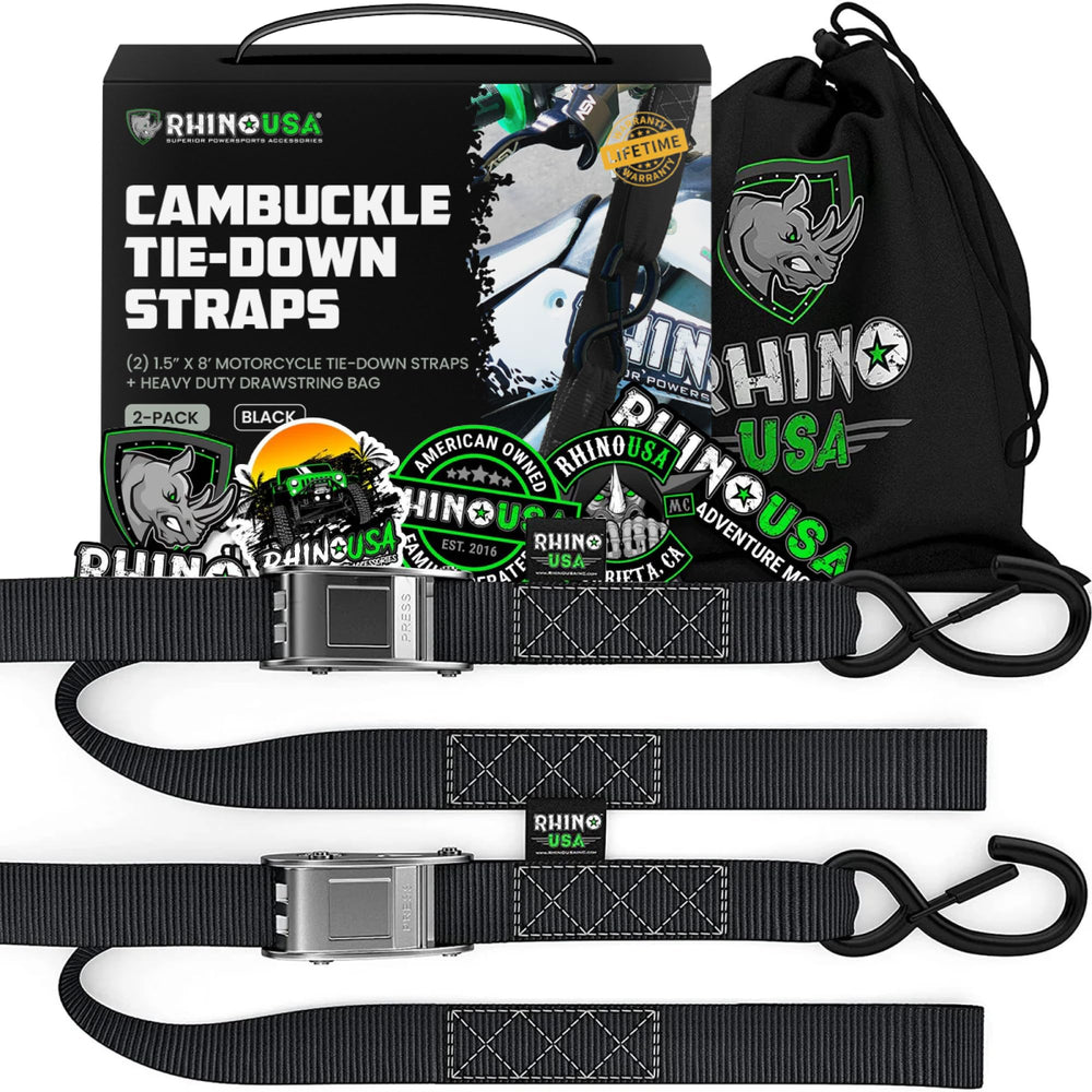 Rhino USA front packaging showing two tie down straps for quick identification and trust