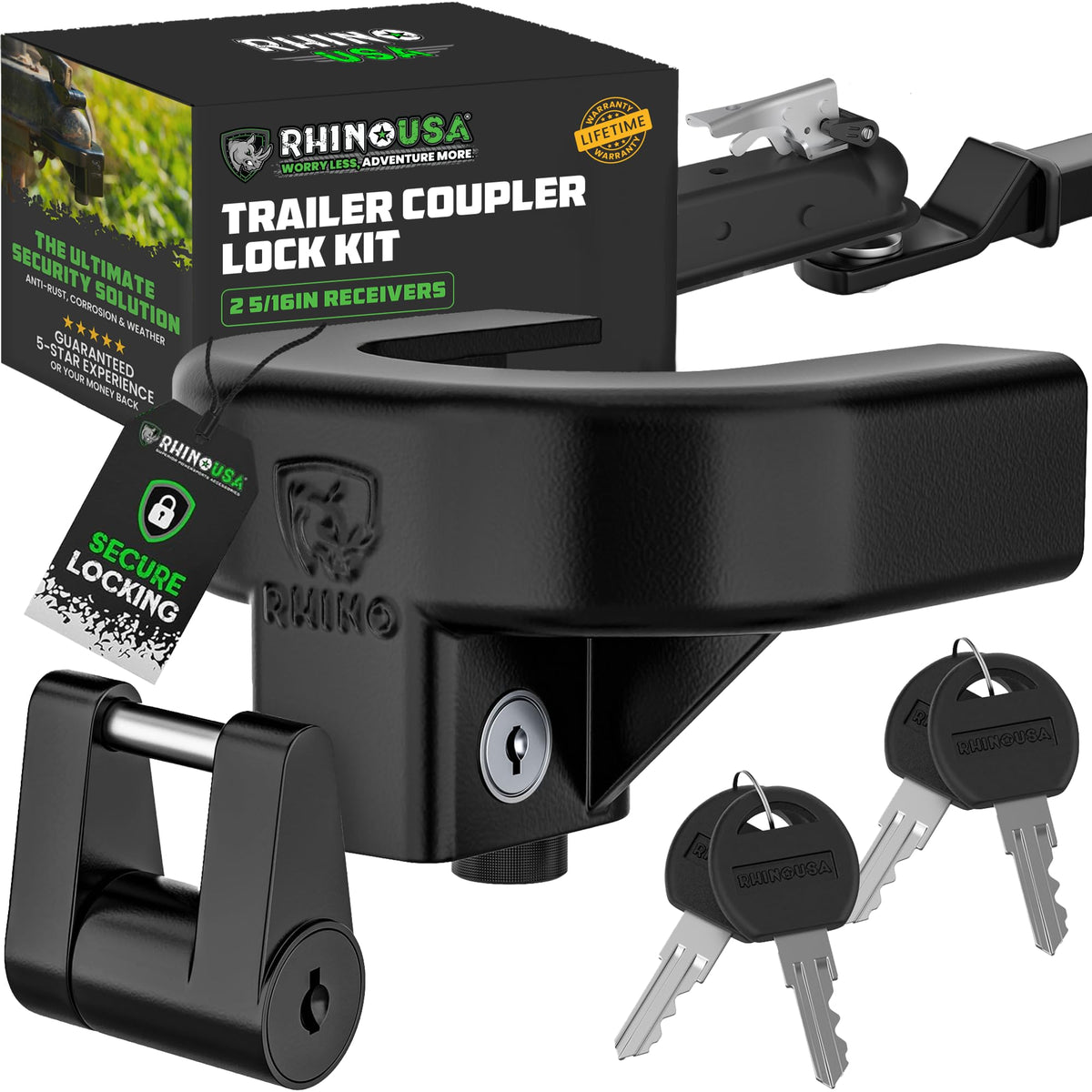 Rhino USA front view of coupler lock showing solid steel security and deterrent