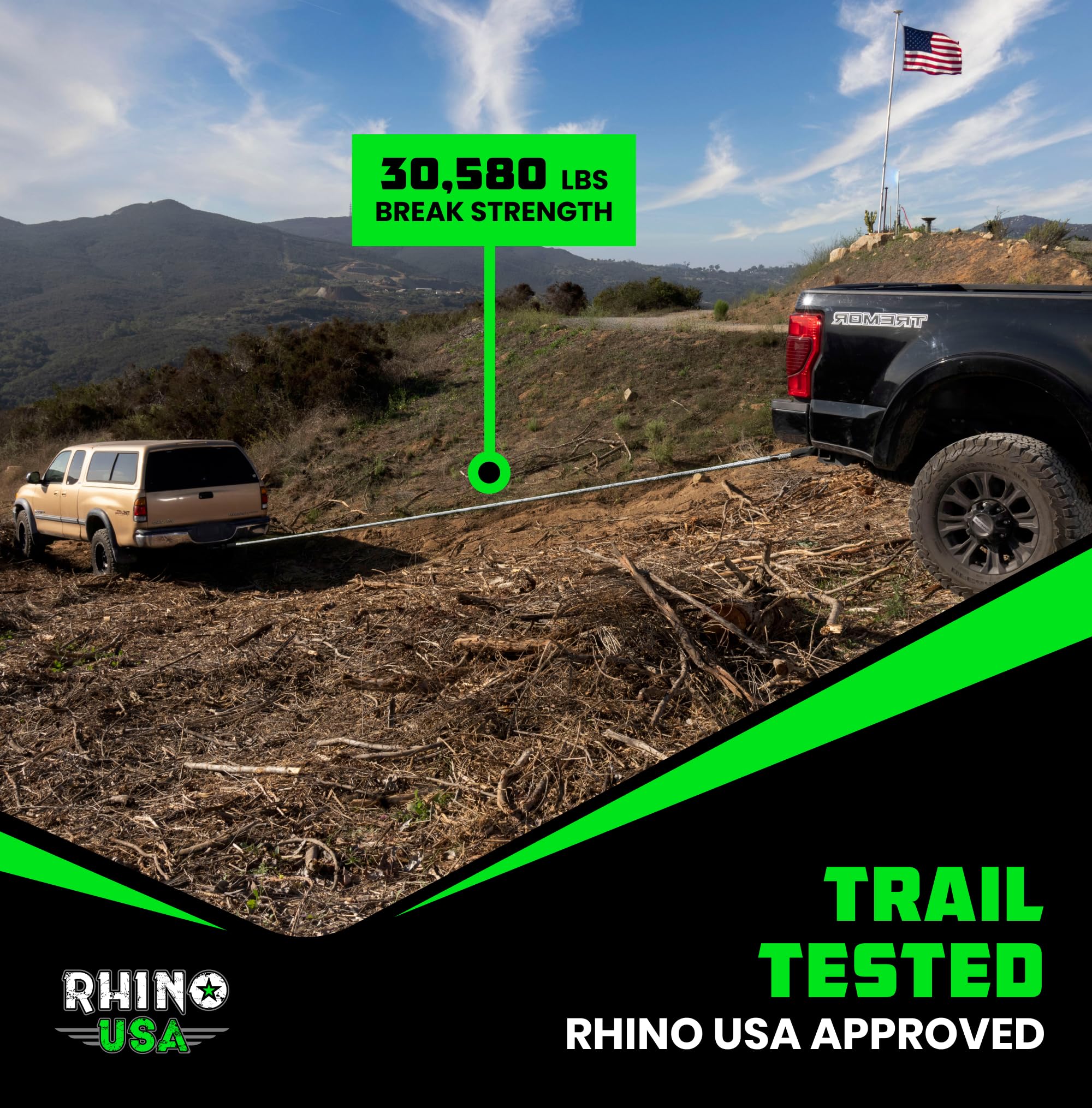 Rhino USA rope stretched in muddy terrain during extraction, effective low-traction tool