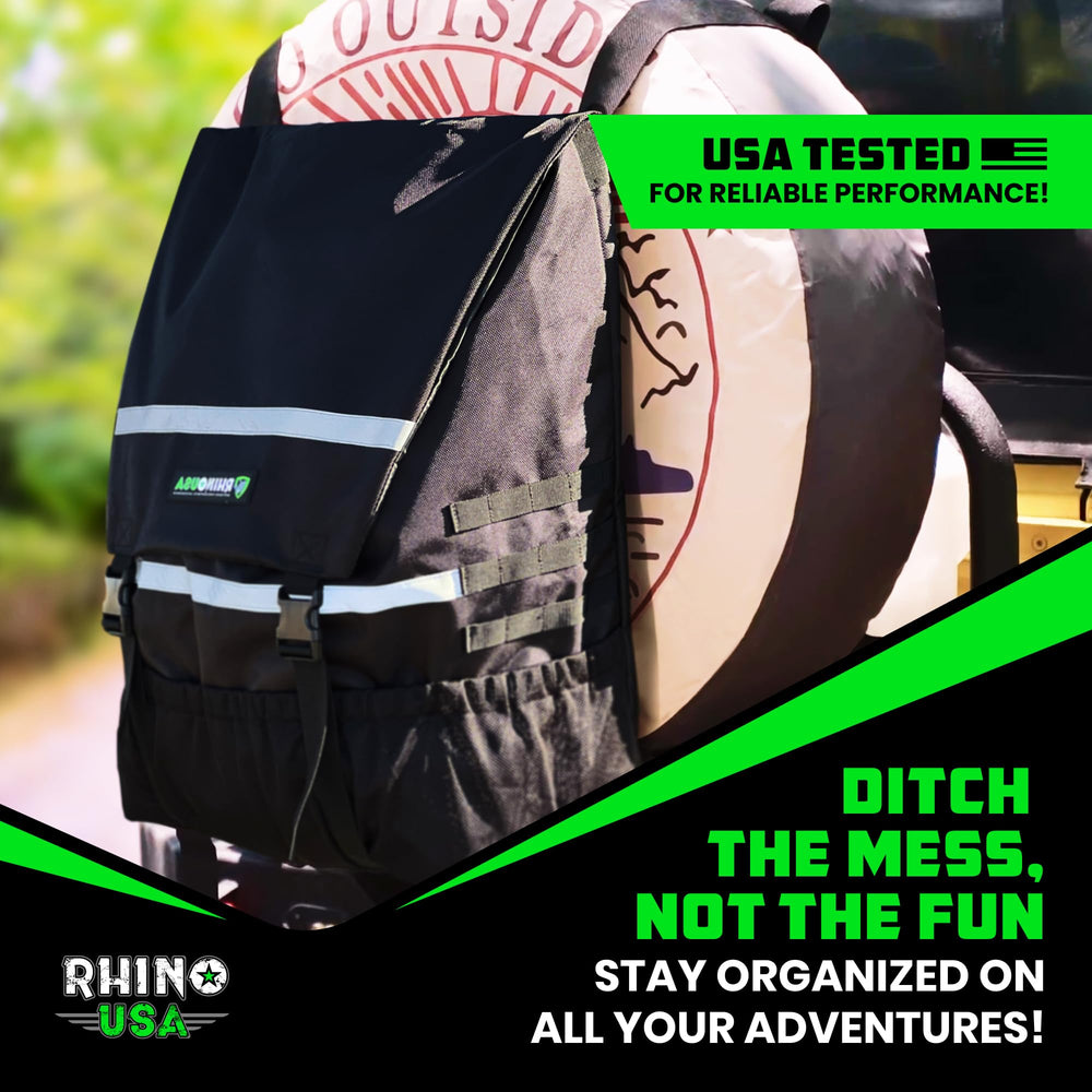 Rhino USA spare tire bag at campsite holding firewood and trash, simplifies cleanup