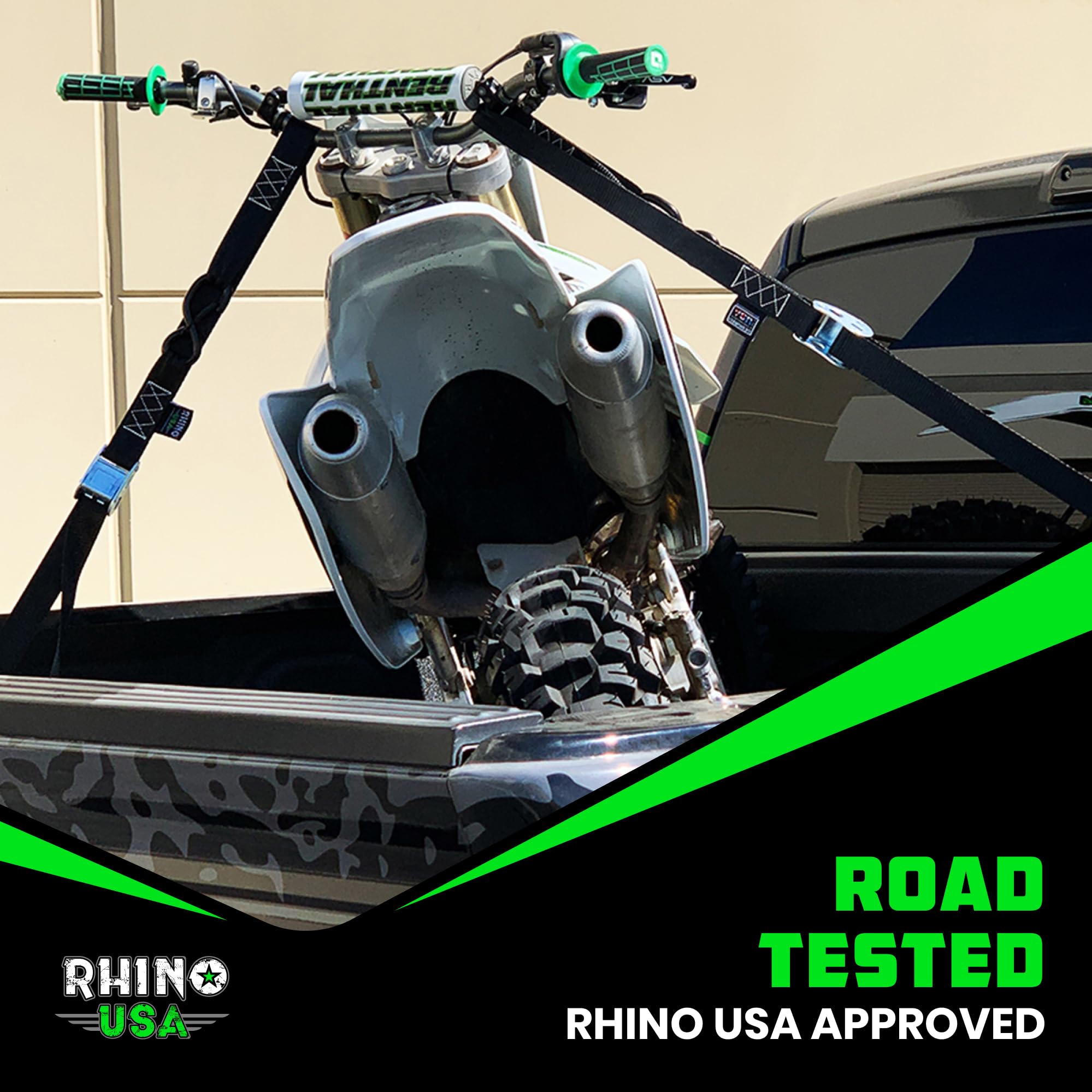 Rhino USA straps in a truck bed with gear illustrating convenient everyday use