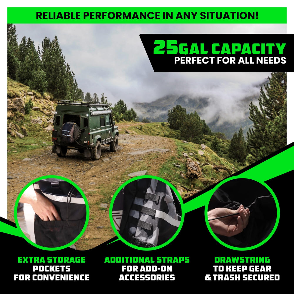 Rhino USA spare tire bag installed on rear spare, secures dirty gear outside vehicle