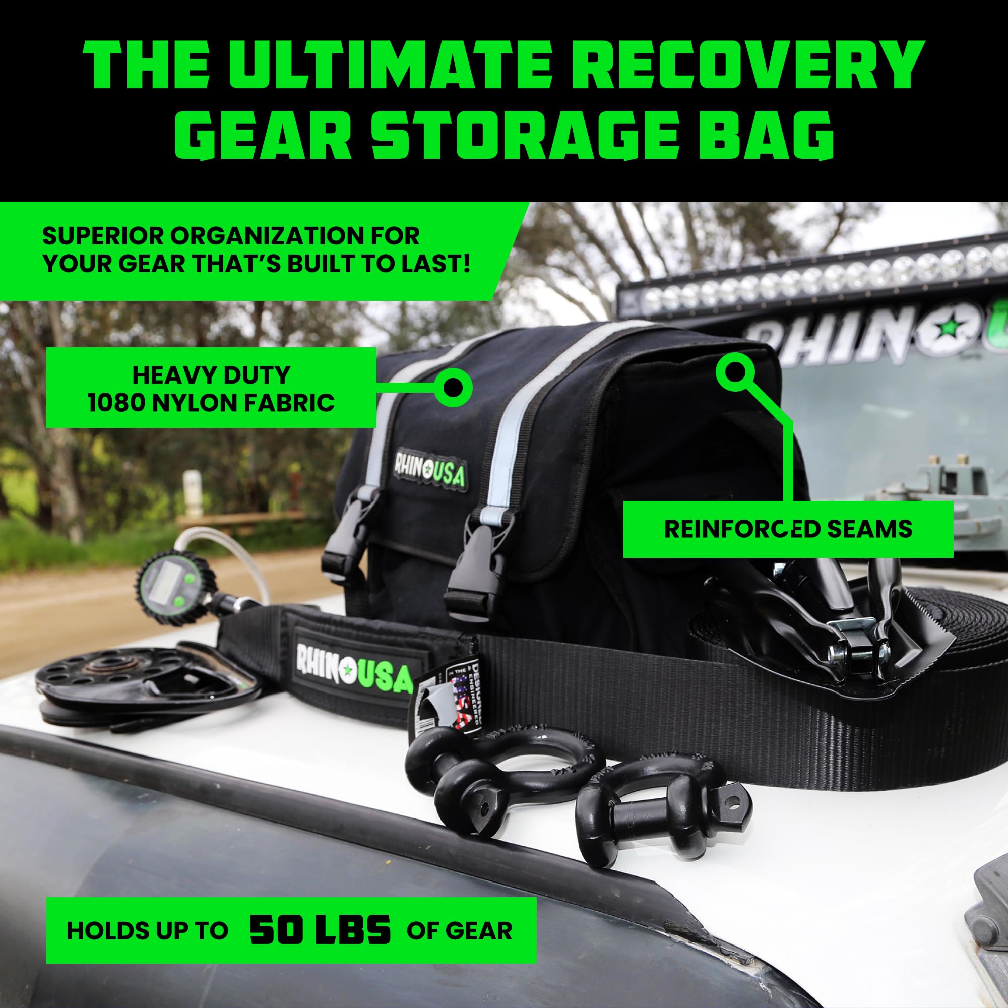 Rhino USA bag open with organized winch ropes and straps for easy access