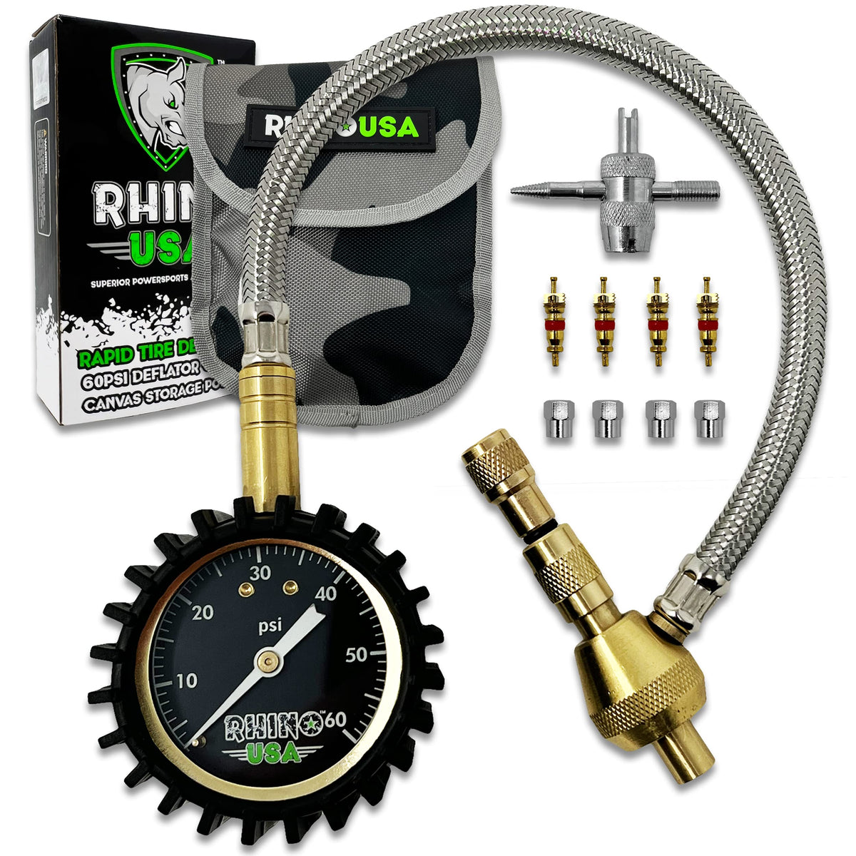 Rhino USA front view of rapid tire deflator showing robust design and gauge, improves air down speed