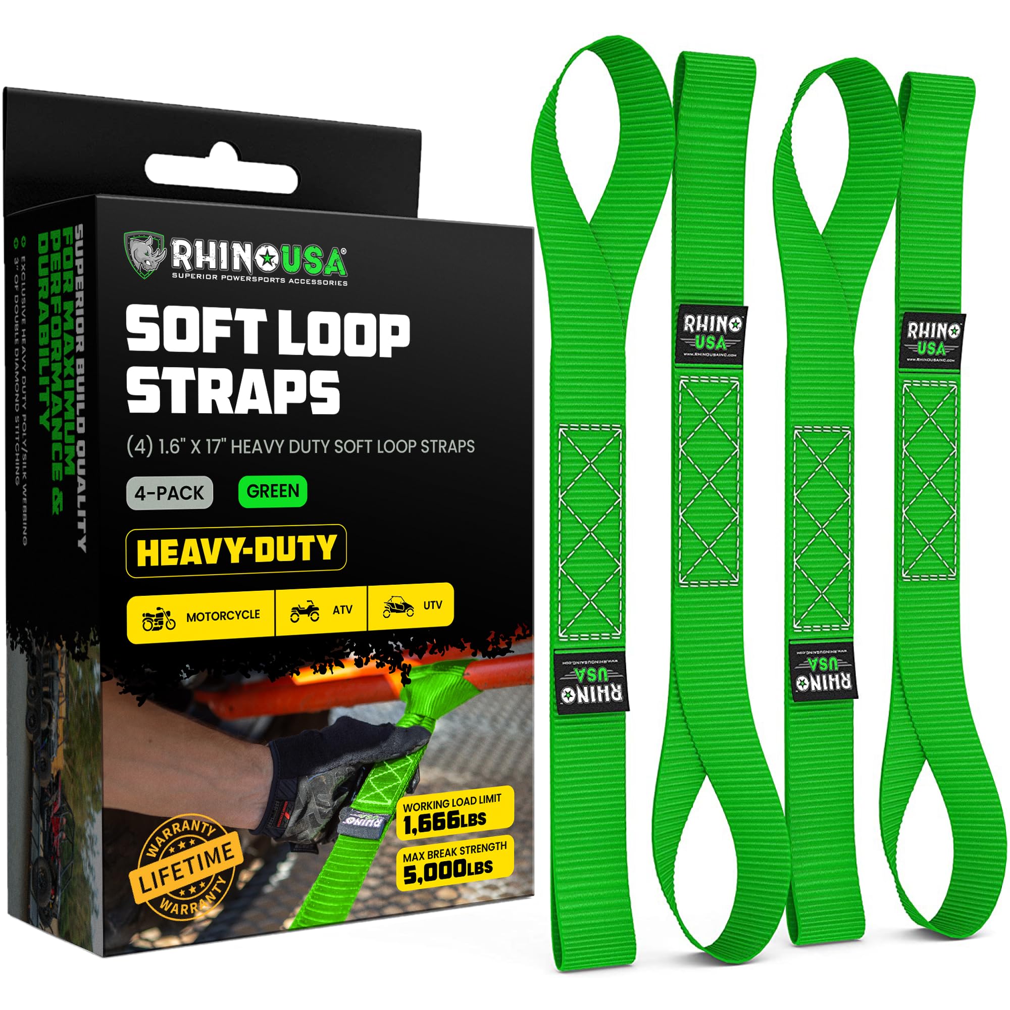 Rhino USA soft loop front pack showing contents and durable finish benefit
