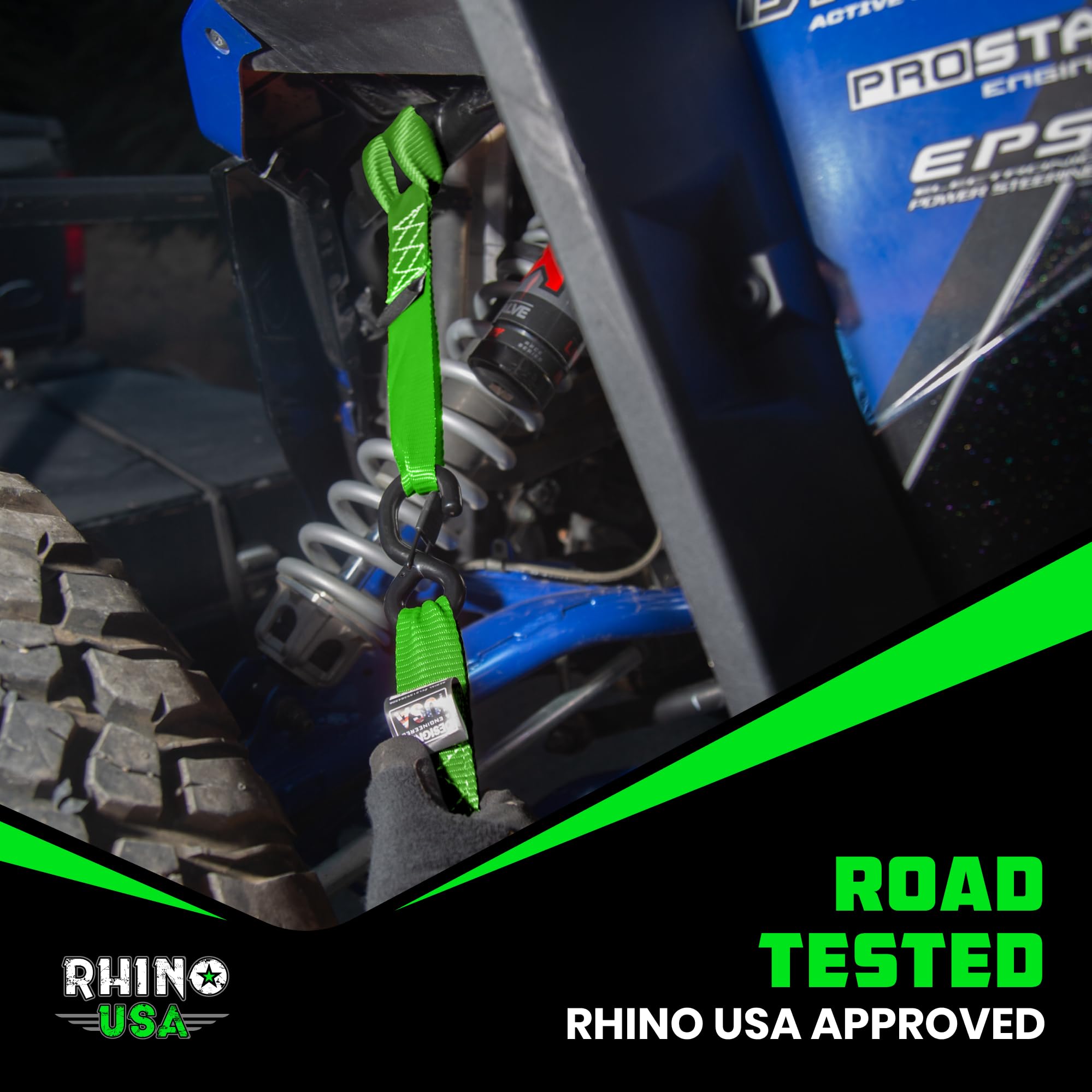 Rhino USA soft loops securing motorcycle in truck bed demonstrating safe hauling