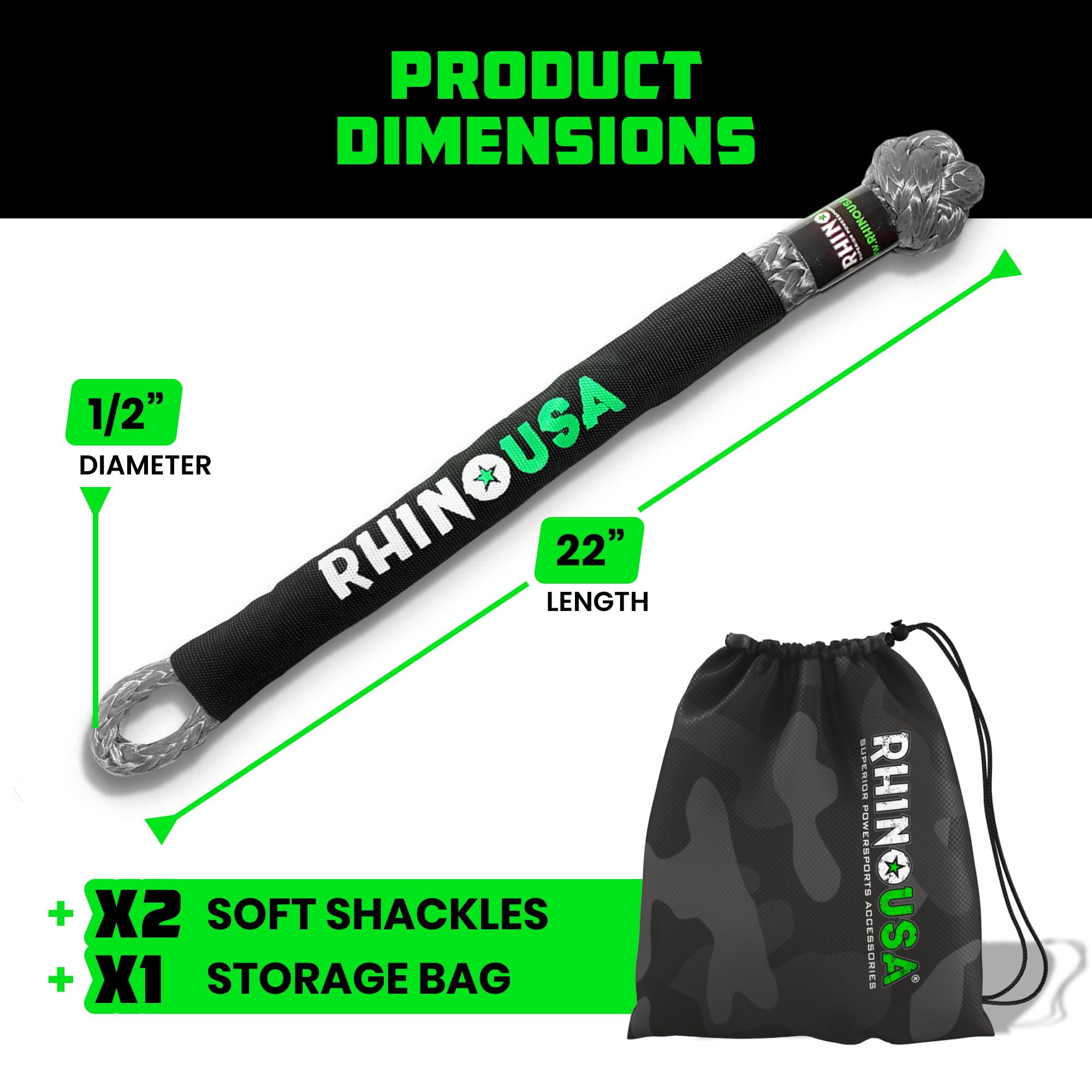 Rhino USA shackle beside ruler for size and portability benefit