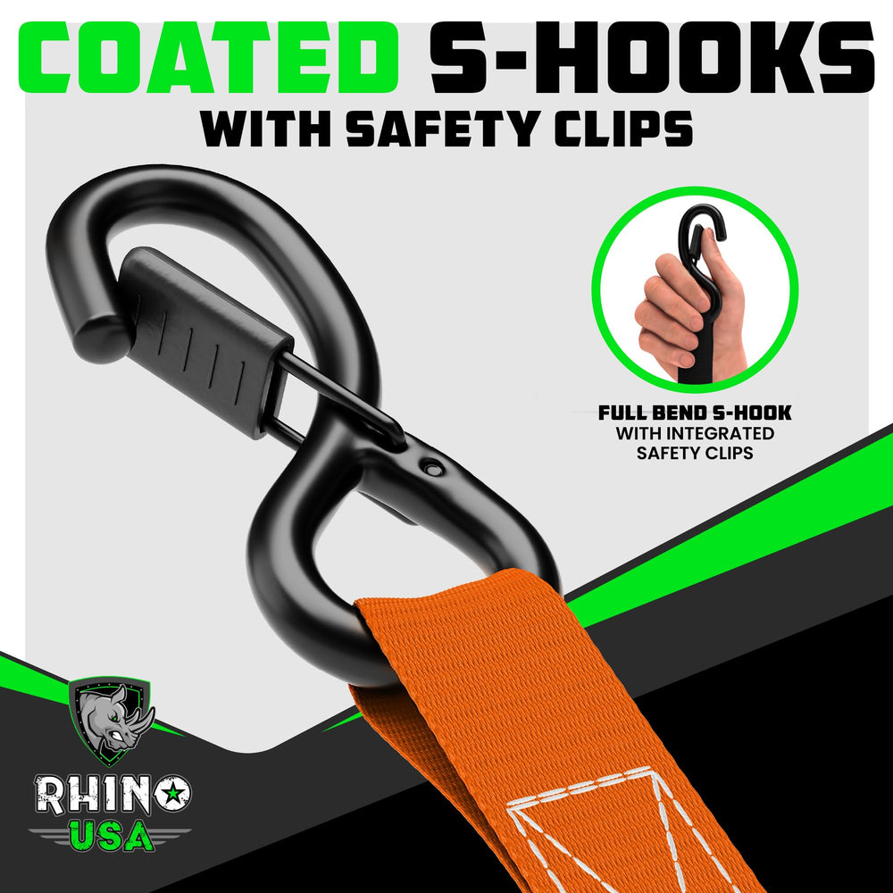 Rhino USA strap securing a motorcycle to show stable transport