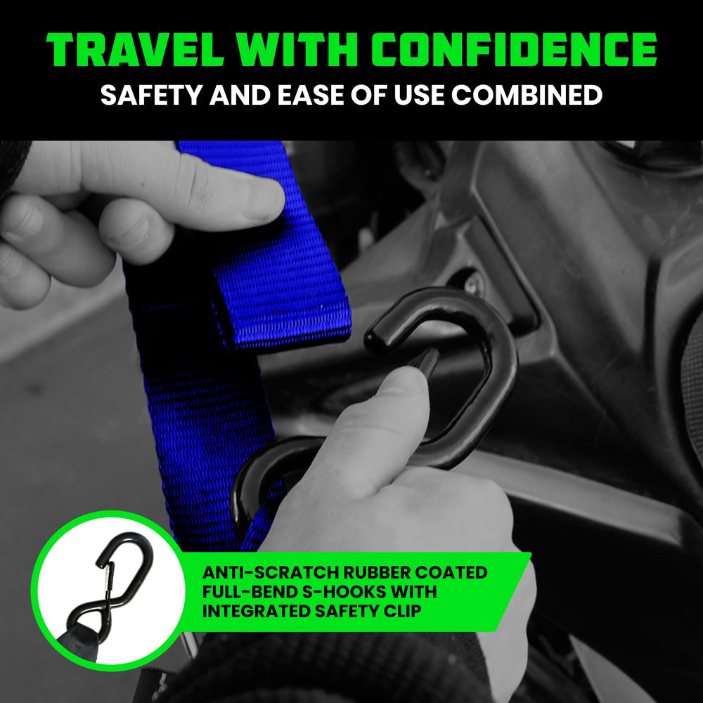 Rhino USA straps securing motorcycle on trailer for stable transport