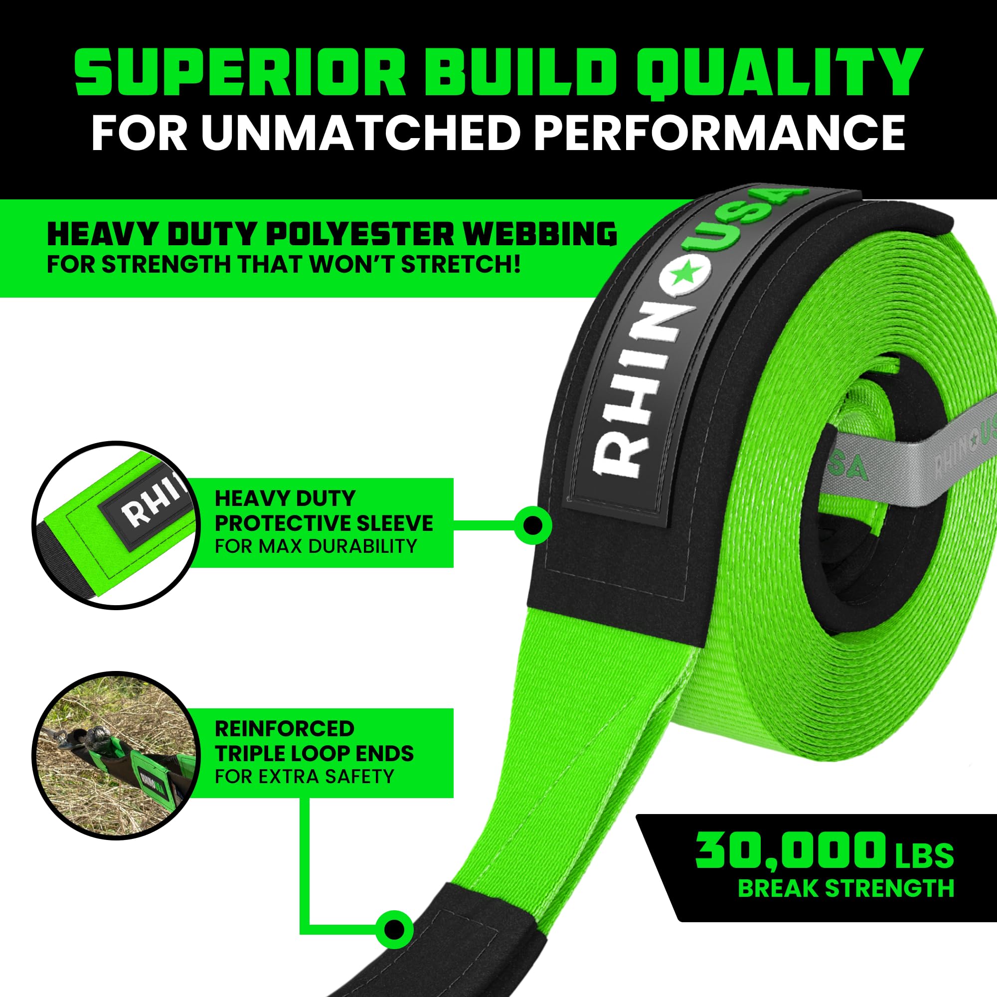 Rhino USA triple-reinforced loop end close-up showing durable attachment benefit