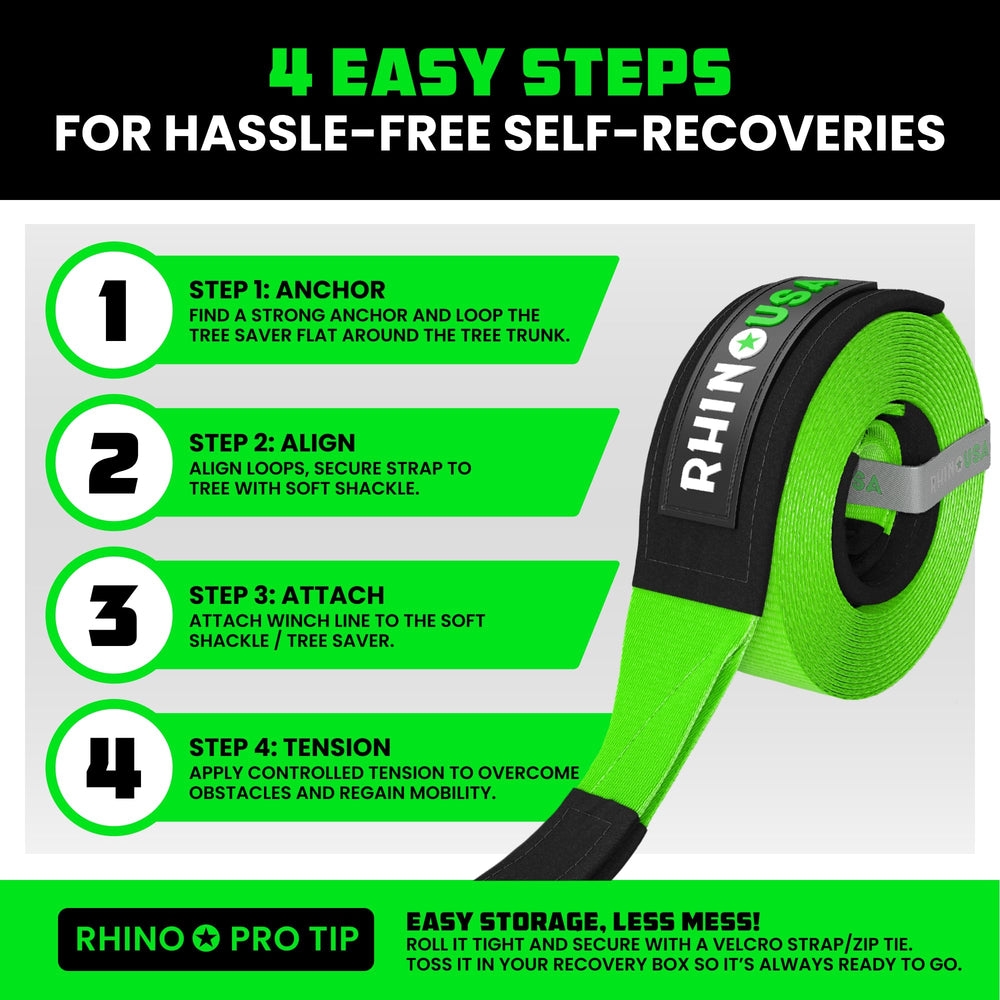 Rhino USA strap connected to winch setup illustrating safe winch extension use