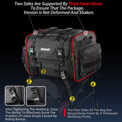 Rhinowalk expanded bag on motorcycle showing increased 80L capacity