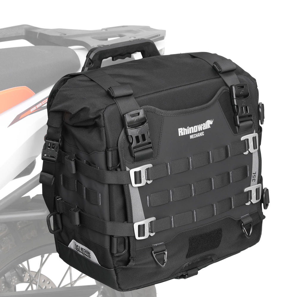 Rhinowalk saddlebag front view showing waterproof shell and durable build benefits